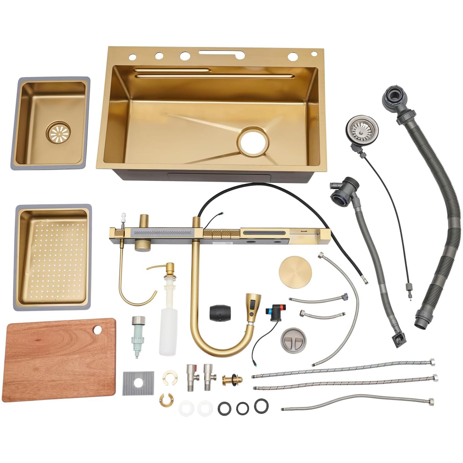 Lavello Cucina Con Cascata 80 x 45 cm,Lavello Cucina 1 Vasca In Acciaio Inox,Lavello Oro Multifunzione Cucina,Con Rubinetto Estraibile,Sifone,Dispenser Sapone,Lavello Mobile e Tagliere