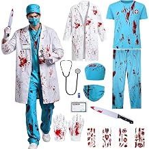 Bloody Doctor Costume Men - Halloween Doctor Costume for Adults with Bloody Doctor Coat Doctor Hat Doctor Mask Top Trousers and Stethoscope Props for Carnival Halloween