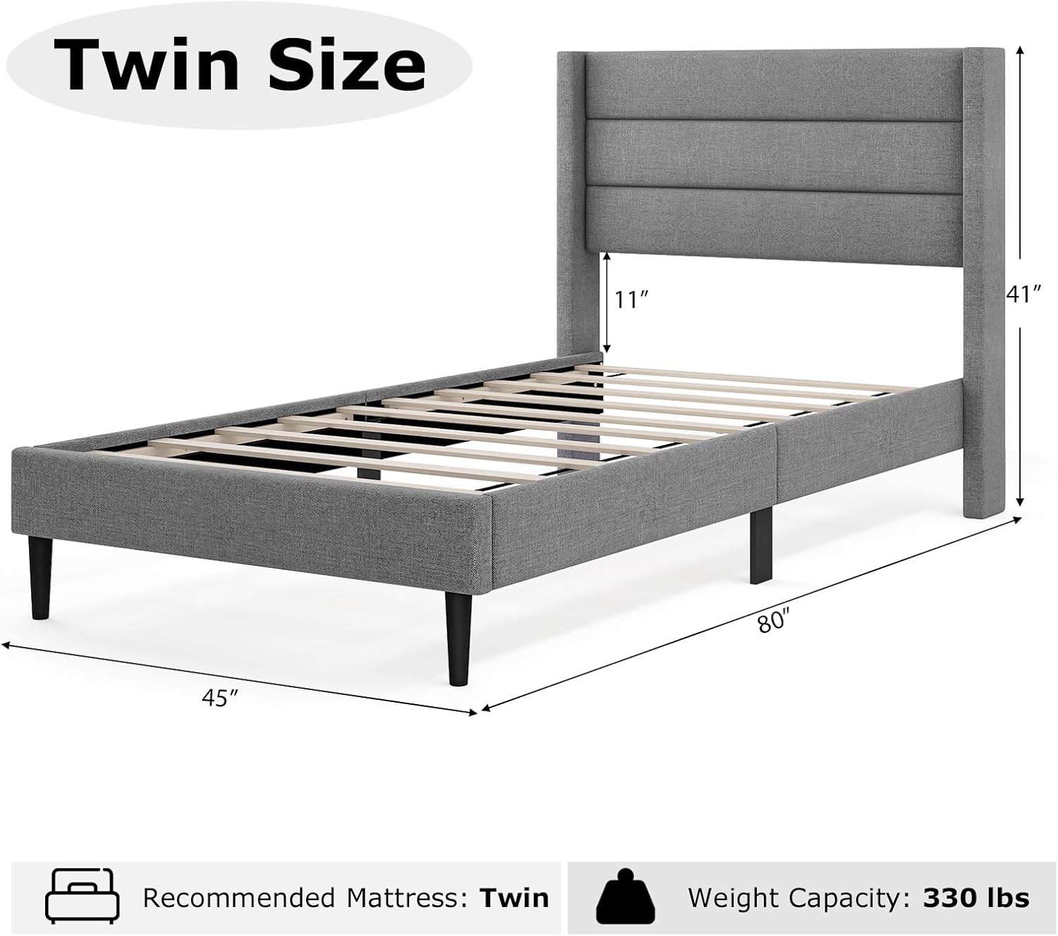 MAT EXPERT Twin Bed Frame, Wooden Twin Size Bed Frame with Upholstered Wingback Headboard & Under-Bed Storage Space, Platform Floor Bed for Family, No Box Spring Needed, Grey (Twin)