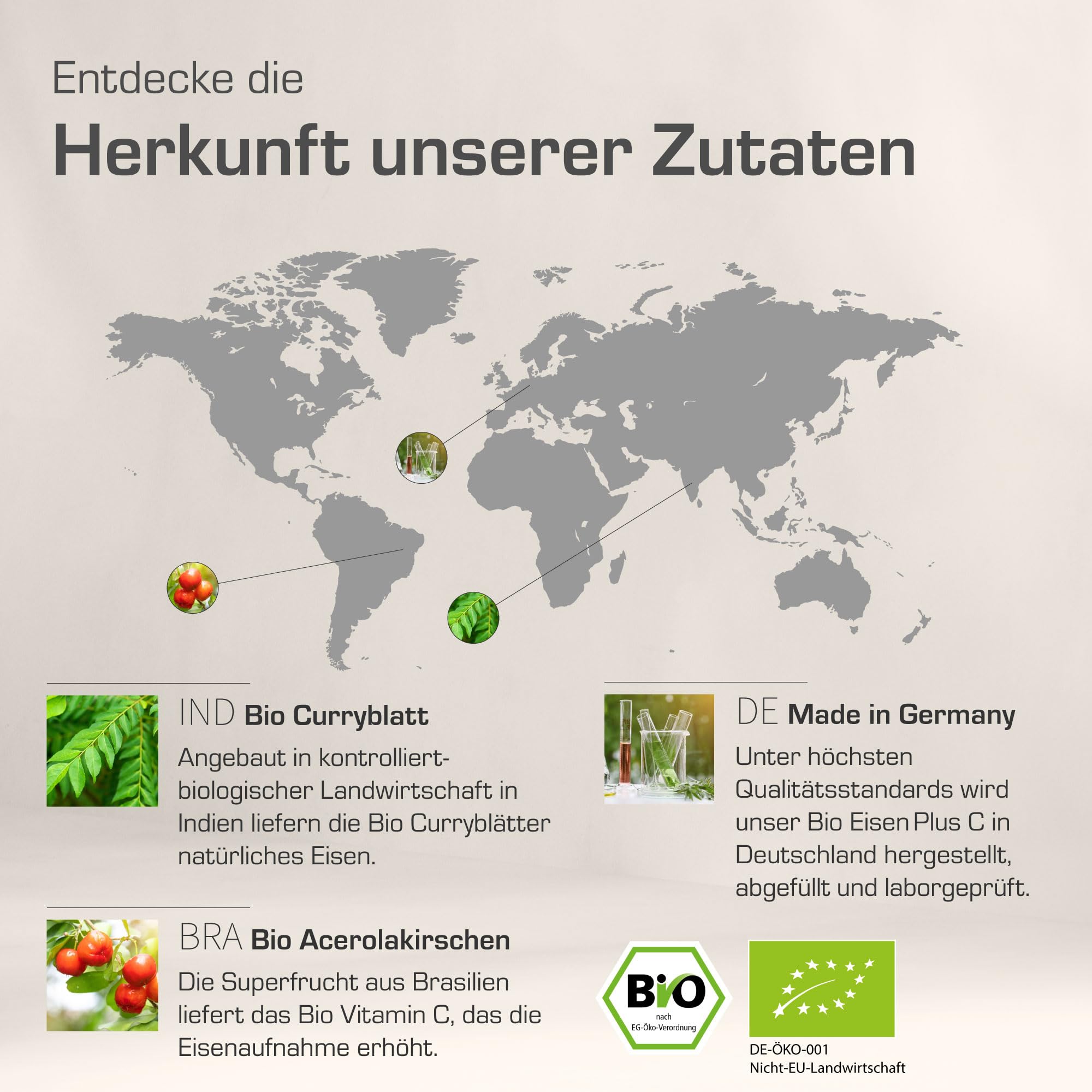 Purabyo BIO Eisen aus Curryblatt mit 40 mg natürlichem Vitamin C aus BIO Acerola | im Glas | 18 mg Eisen mit 129% NRV | Nur 1 Kapsel täglich | vegan, laborgeprüft und in Deutschland hergestellt