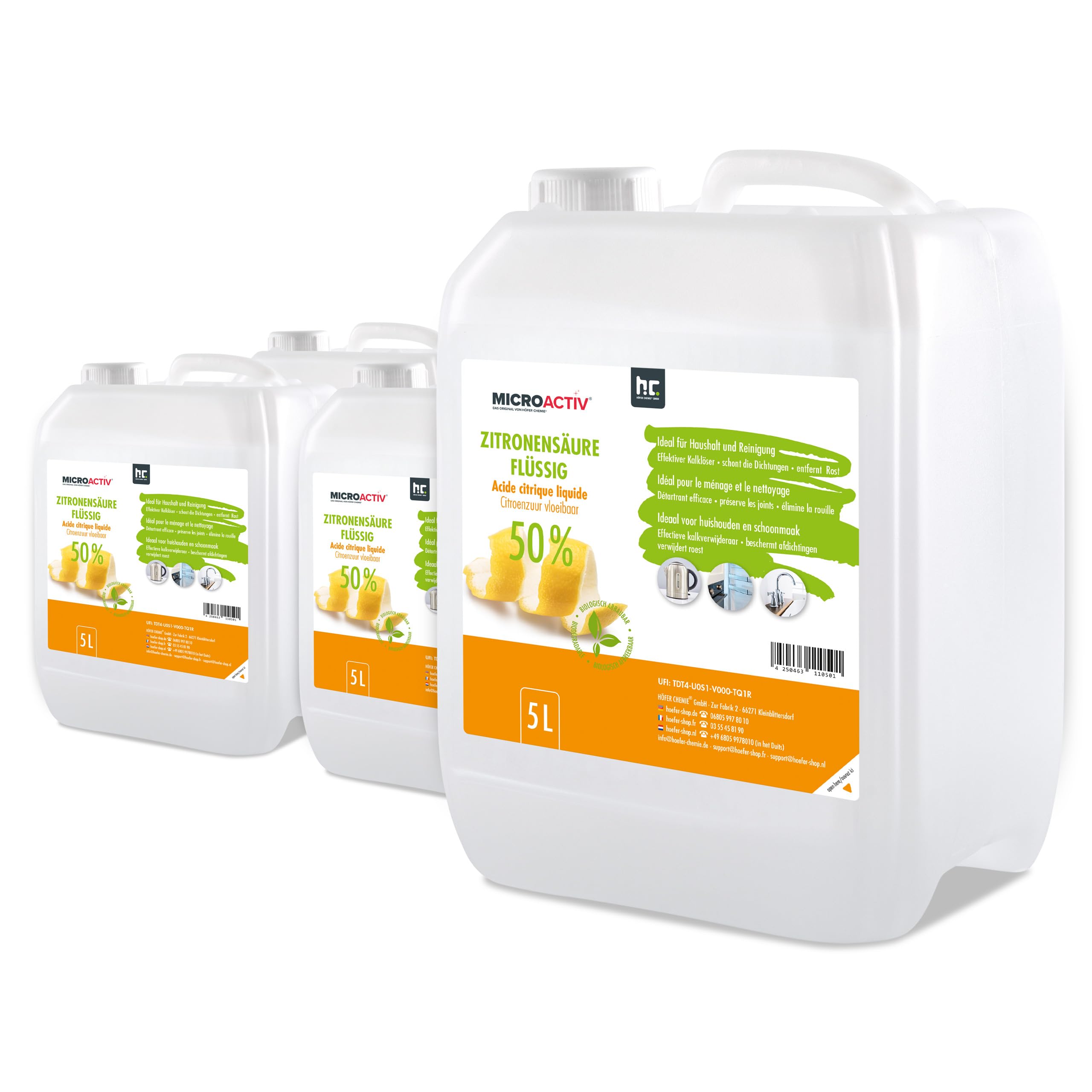 MICROACTIV Zitronensäure flüssig 4 x 5 L | Kraftvoller Entkalker für Kaffeevollautomat, Wasserkocher & Dusche - Biologisch abbaubar - Ideal im Haushalt