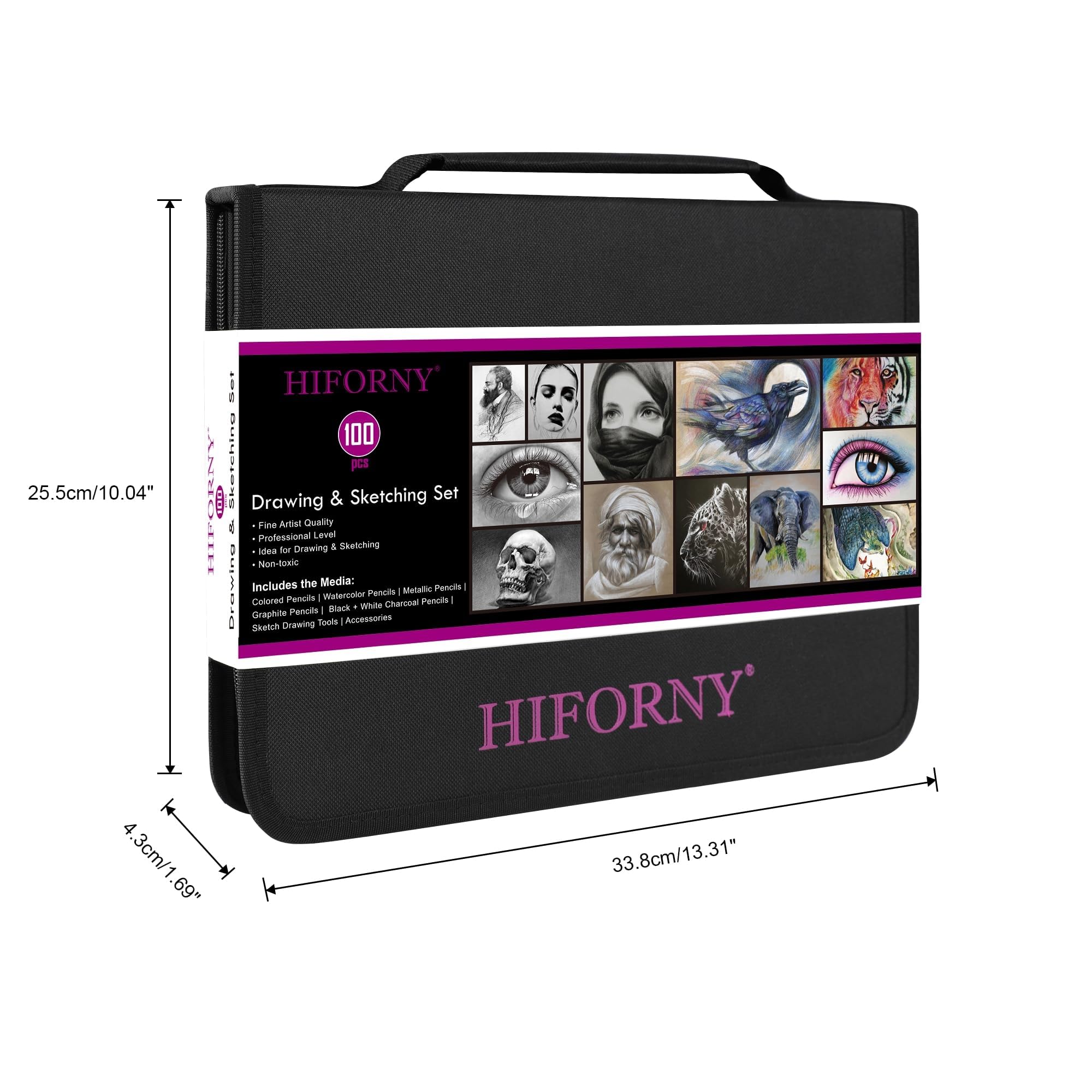 HIFORNY Set da 100 pezzi per disegno e schizzi, forniture artistiche professionali con grafite, carbone, colorate, acquerelli, matite metalliche, strumenti di miscelazione, album da disegno e libro da