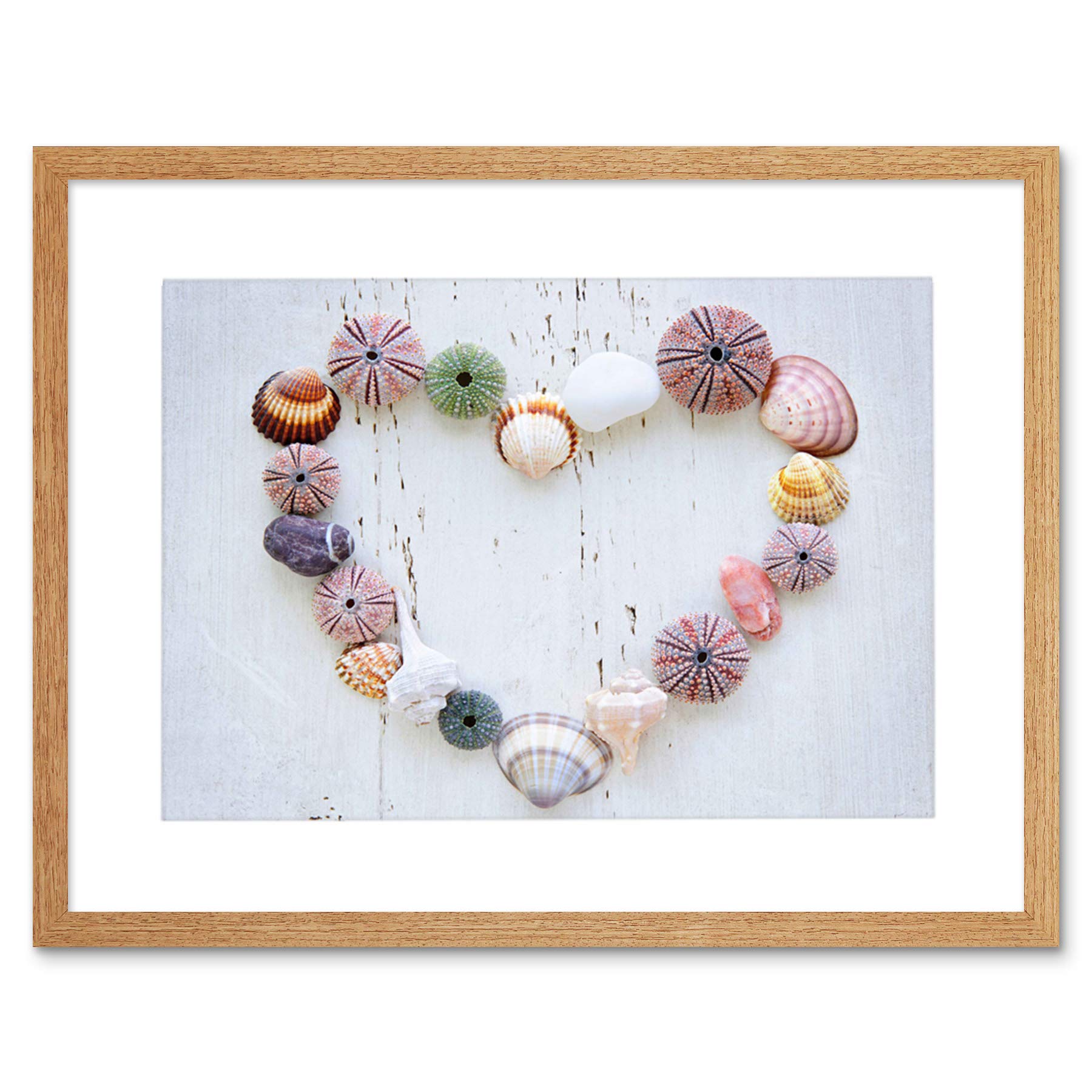 Wee Blue Coo Photo Heart Seashells Rocks Wood Beach Love Picture Framed Wall Art Print