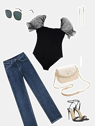 Decorus V Neck Bodysuit for Women - Polka Dots Sheer Bodysuits - Sexy Body Suit Going Out: Women Body Suits Tops