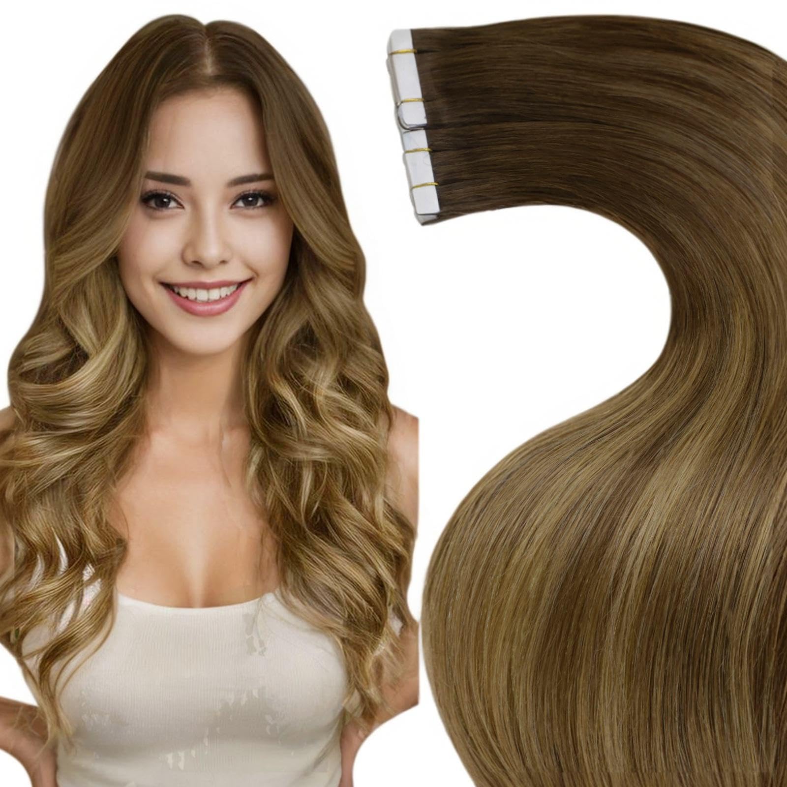 LaaVoo Tape in Hair Extensions Human Hair 50g Tape Hair Extensions Real Human Hair Invisible Tapes Remy Straight Balayage Brown Shadows Hair Double Sided Tabs 20pcs 22 Inch #6/8/14