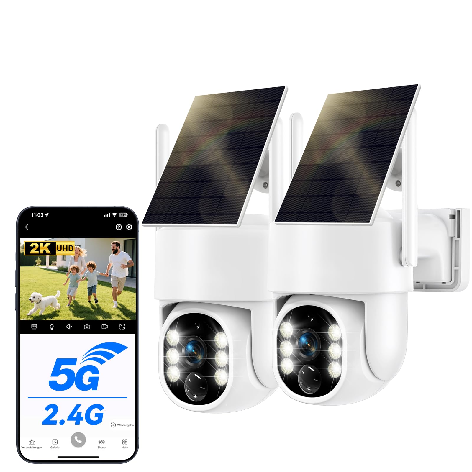 WESECUU Telecamera di Sorveglianza WiFi Esterna Senza Fili Solare 2.5K 4MP con Pannello Solare 5W, 2K QHD, Batteria 8000mAh, Wi-Fi 2.4G e 5GHz, PTZ 360° Seguimento Automatico, IP66, Rilevazione PIR