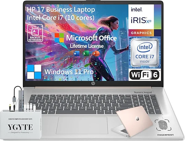 2025 HP 17 Inch Touchscreen Laptop Computer, 17.3 HD+ Touch Screen Business Laptop Notebook PC, Intel 10-Core i7, Lifetime Office, 64GB RAM 2TB SSD, Windows 11 Pro, Backlit 10 Key Number Pad,Rose Gold