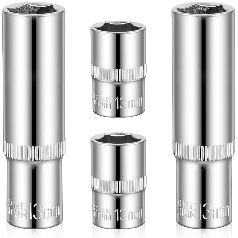 Jogo de Soquetes 13 mm com Encaixe de 9,5 mm (3/8 pol.), 4 Peças, Sextavado, Profundo e Raso Qulkws