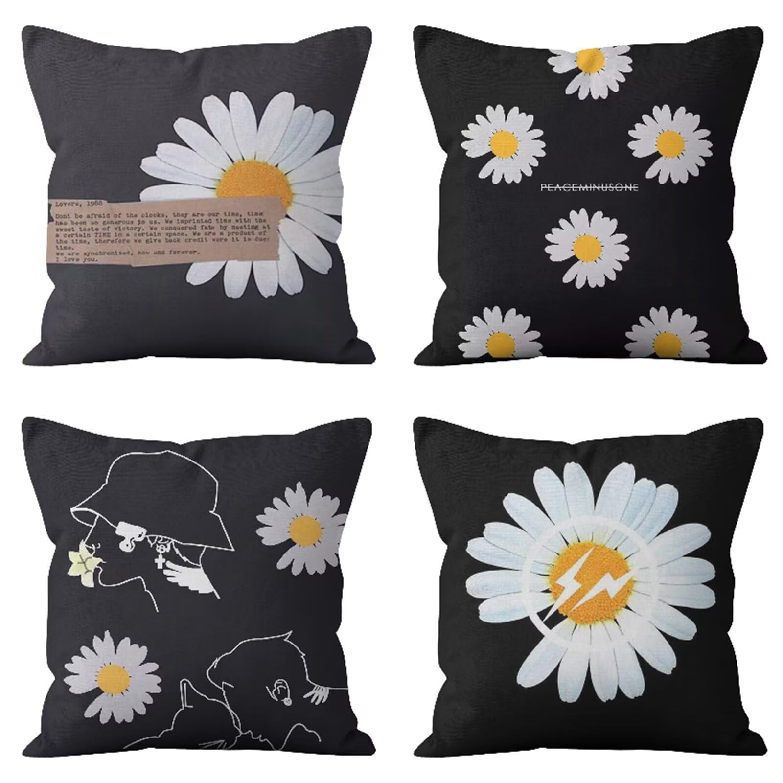 Fundas Cojines 50x50cm, 4 Piezas Margarita Pequeña Fundas Cojines Sofa Decoracion, Plaza Doble Cara Lino Funda Cojines Decorativos para Sala Sofá Estar Dormitorio Regalo, con Cremallera Oculta R-2281