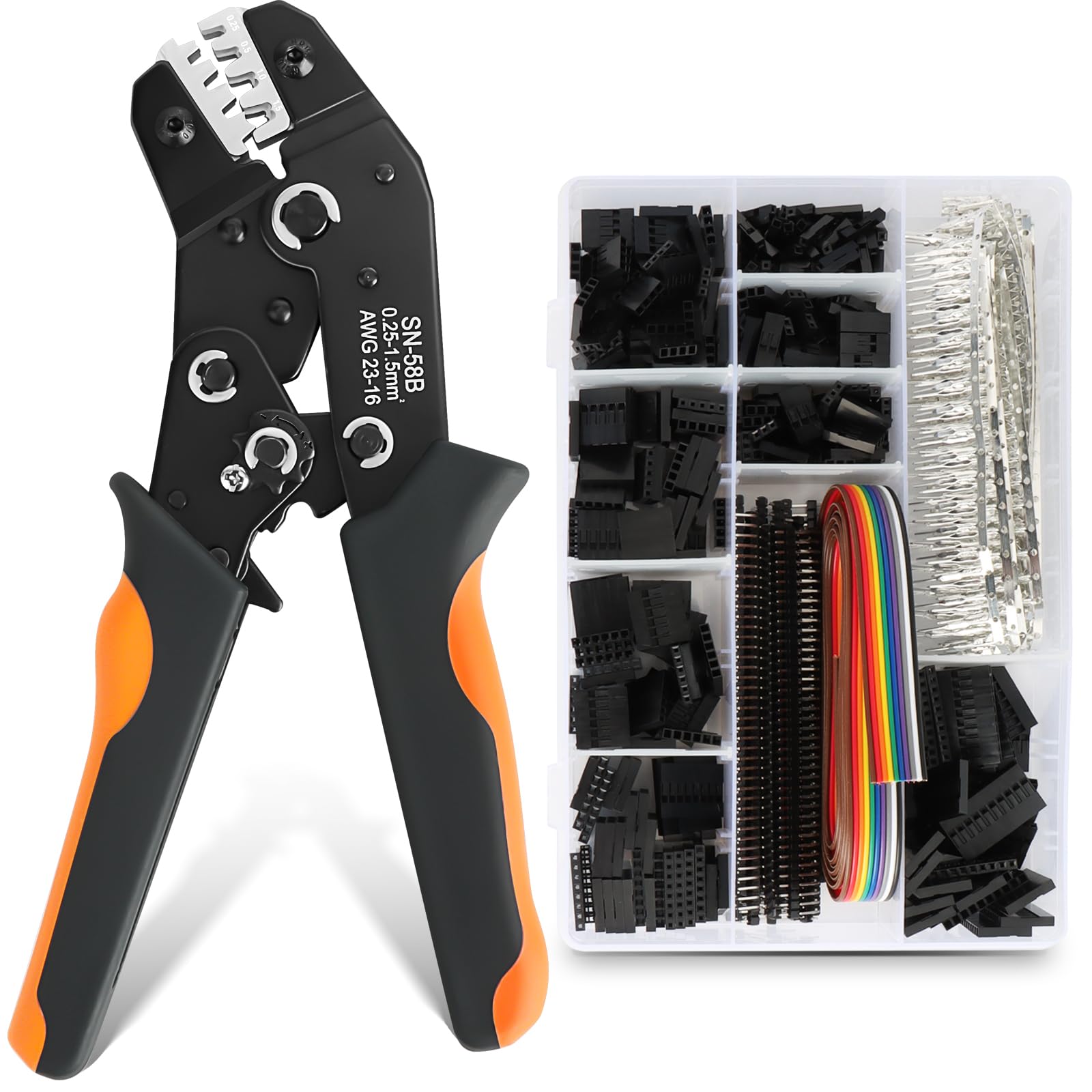 QLOUNI Dupont Crimping Tool Kit with 1600PCS 2.54mm Dupont Connectors, AWG 23-16(0.25-1.5mm²) Ratcheting Wire Crimper, 1/2/3/4/5/6/8/10 Pin Housing Connectors