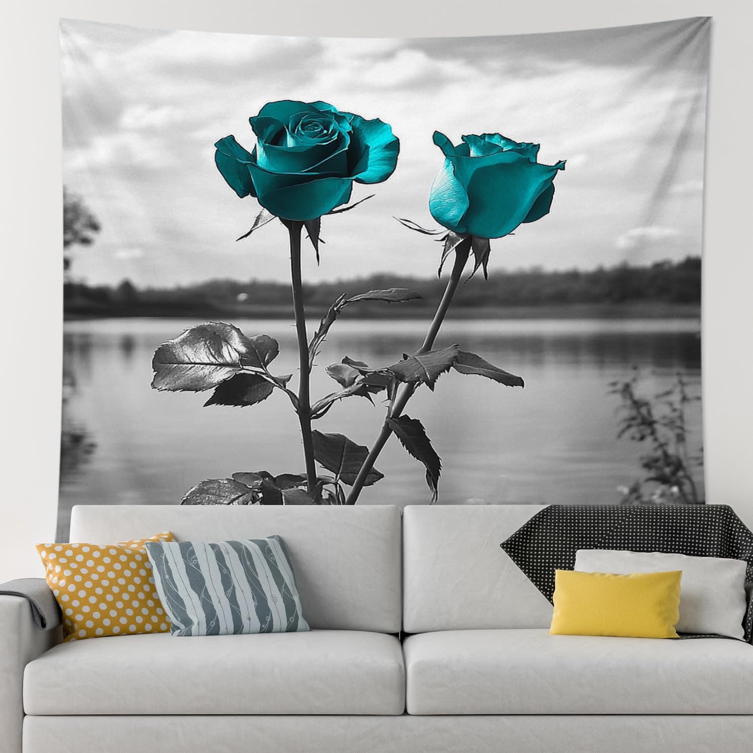 Turquoise Roses Tapestry, Black White Floral Wall Hanging, Elegant Aesthetic Decor for Bedroom, Living Room, Spring Season Design 60x80 Inch