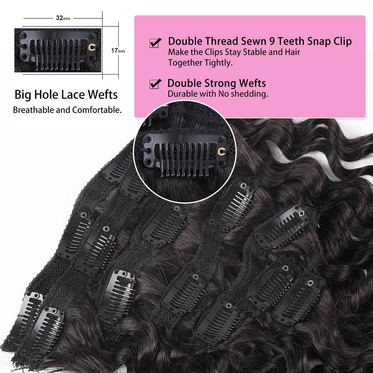 Curly Clip in Hair Extensions Real Human Hair 14 Inch 8PCS 100g Unprocessed Deep Water Wave Double Weft Hairpieces for Women Seamless Clip Ins Extensions Dark Brown - Image 3