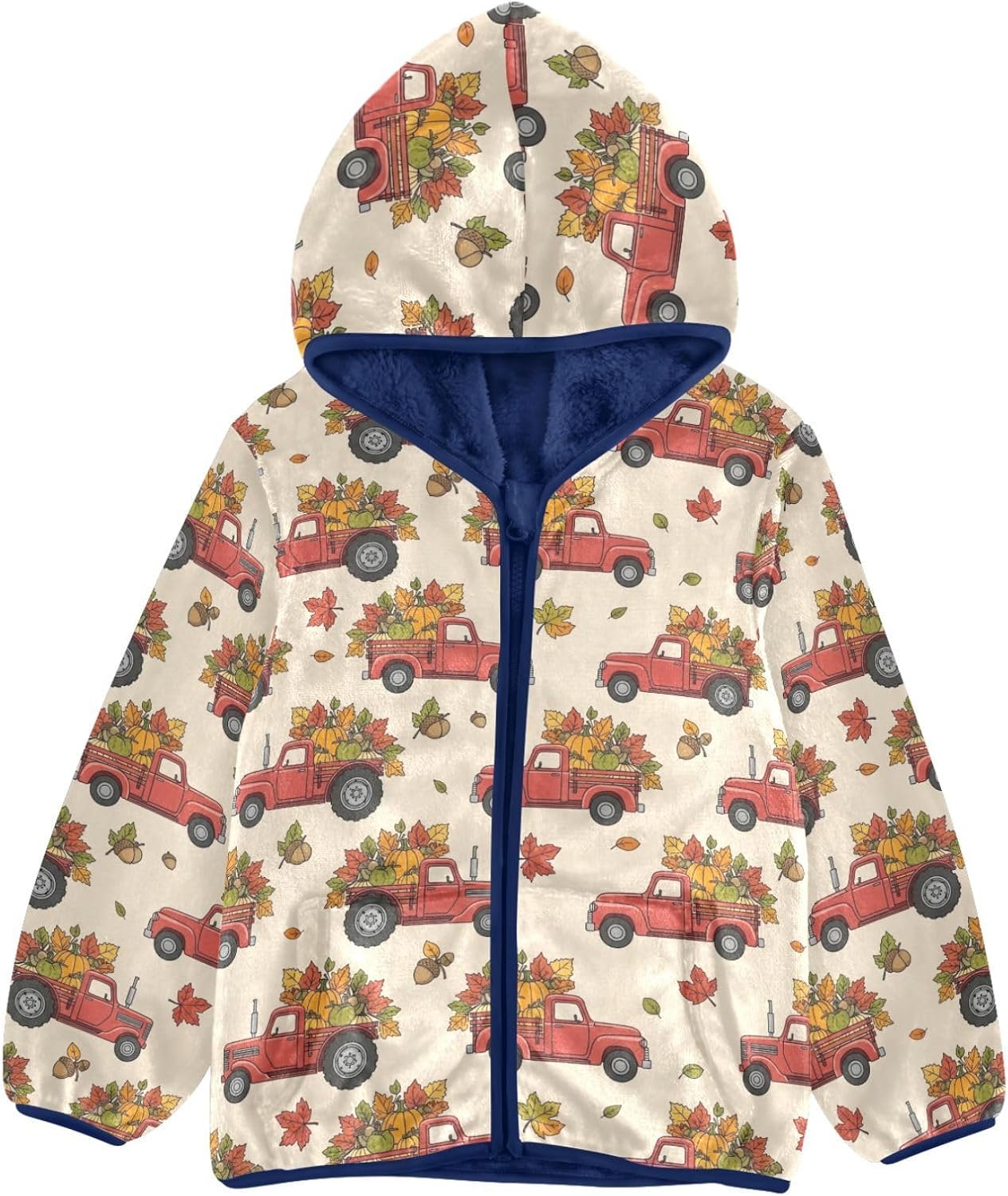 Vintage Red Truck with Autumn Leaves Pattern Toddler Zip Up Jackets Children Plush Coat Navy Blue Baby Boys Clothes