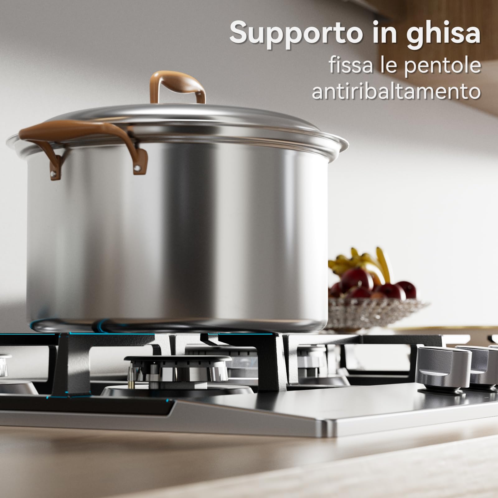 Hermitlux Piano Cottura a Gas 5 Fuochi 85cm da Incasso, per Gas Naturale/Propano, Sicurezza Tramite termocoppia, Acciaio Inossidabile
