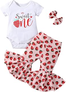 Flared Pants Outfits for Baby Girls Short Sleeves Strawberrys Prints Top Prints Outfits Set Bell Bottom Outfits Set