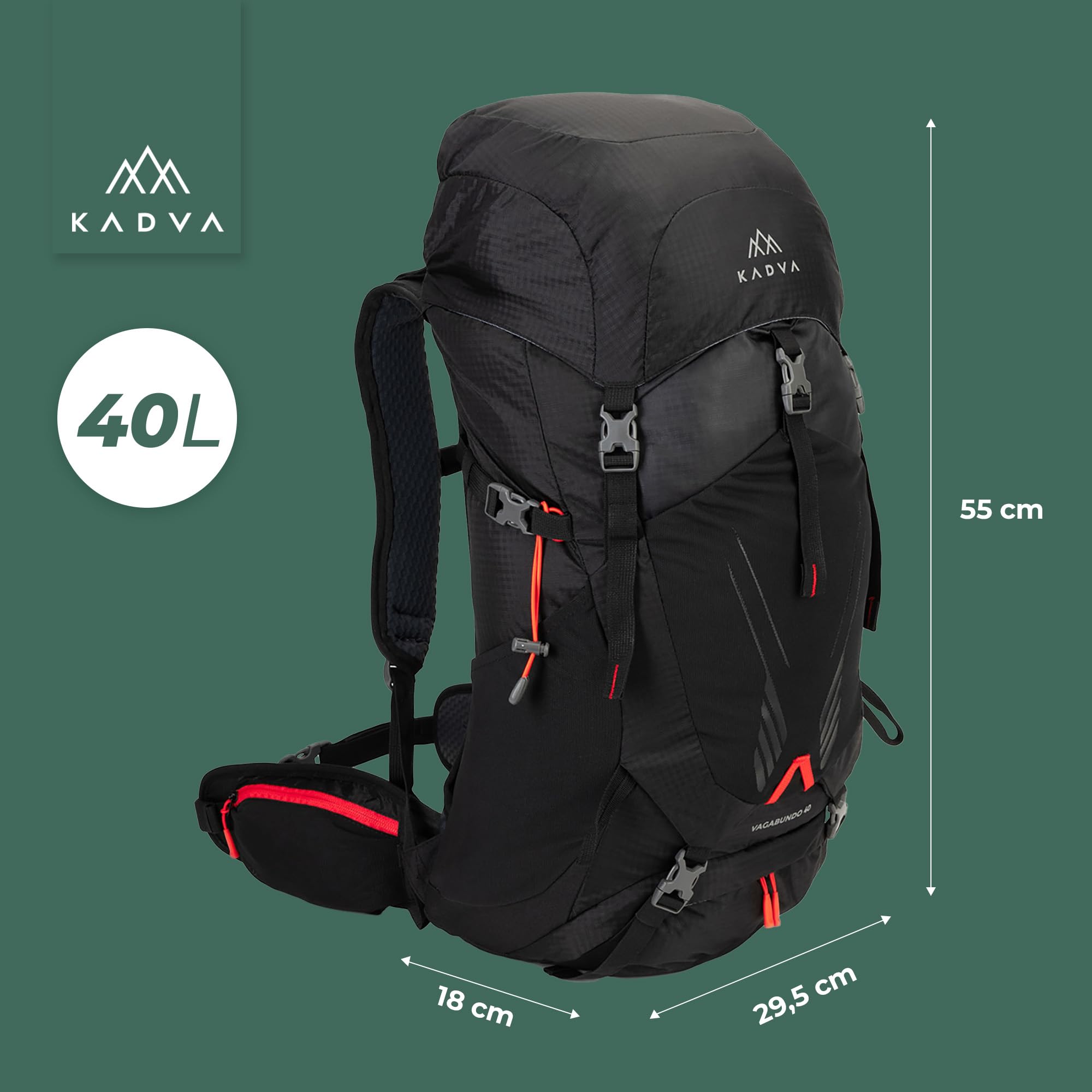 KADVA Vagabundo Mochila de trekking de 40 l, sistema de transporte Windspire Pro, material hidrófobo, funda para lluvia, correas exteriores.