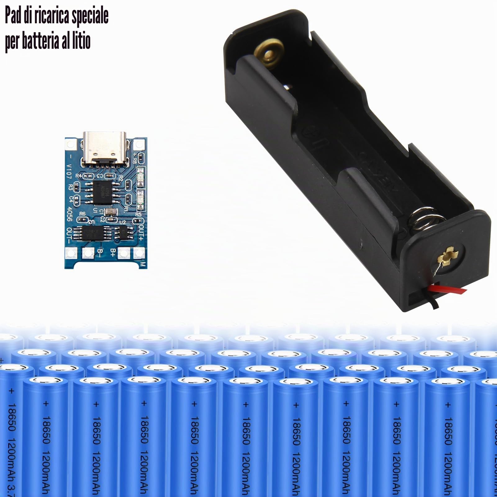 Porta Batterie 3.7V 18650 Custodia Plastica con Slot Singolo + 10 Moduli Caricabatterie USB Tipo-C 5V 1A, Custodie e Cavi Inclusi