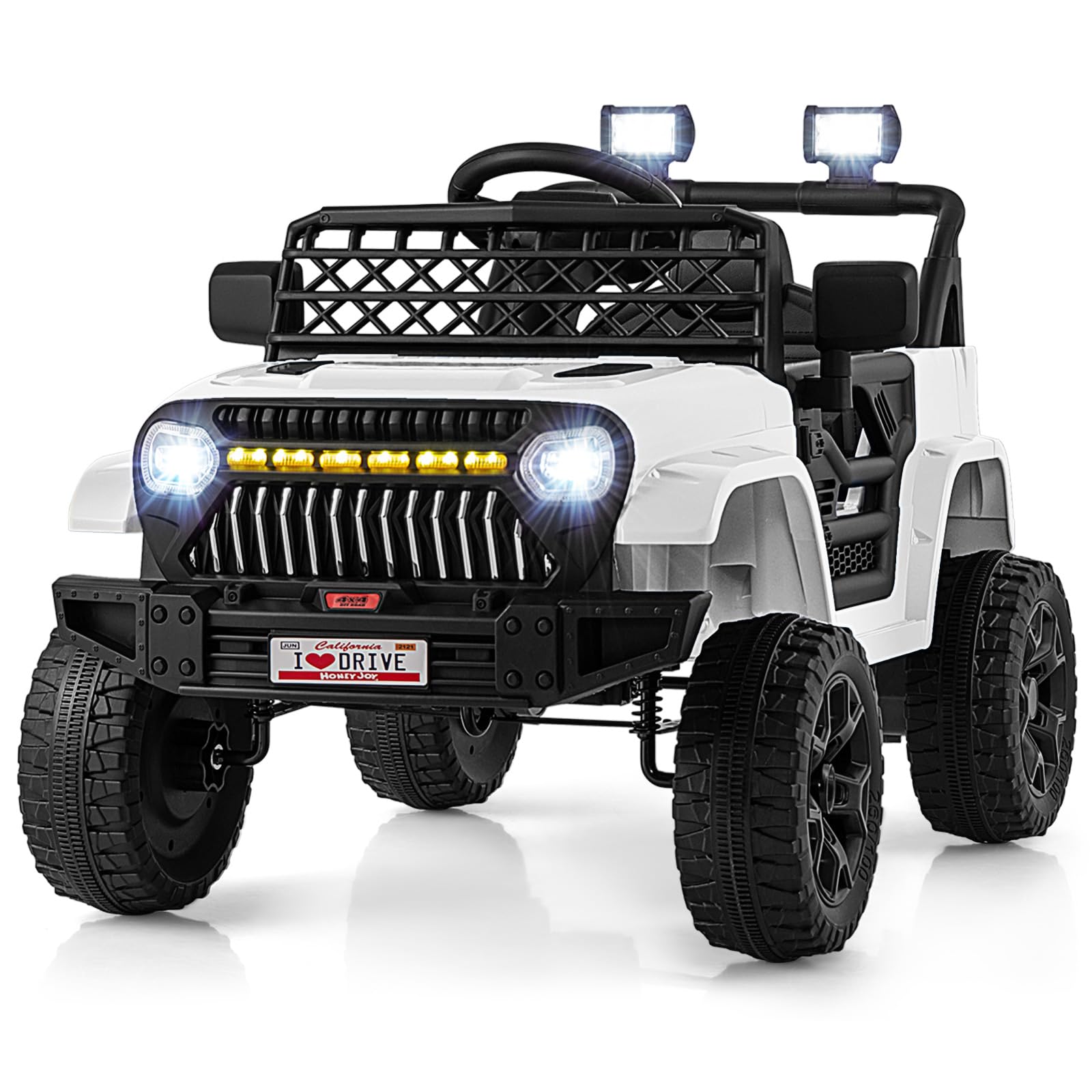 HONEY JOY Ride On Truck, 12V Battery Powered Toddler Electric Vehicle, LED Lights & Music, Belt, Spring Suspension, Motorized Electric Car for Kids, Ride On Car with Remote Control (White)