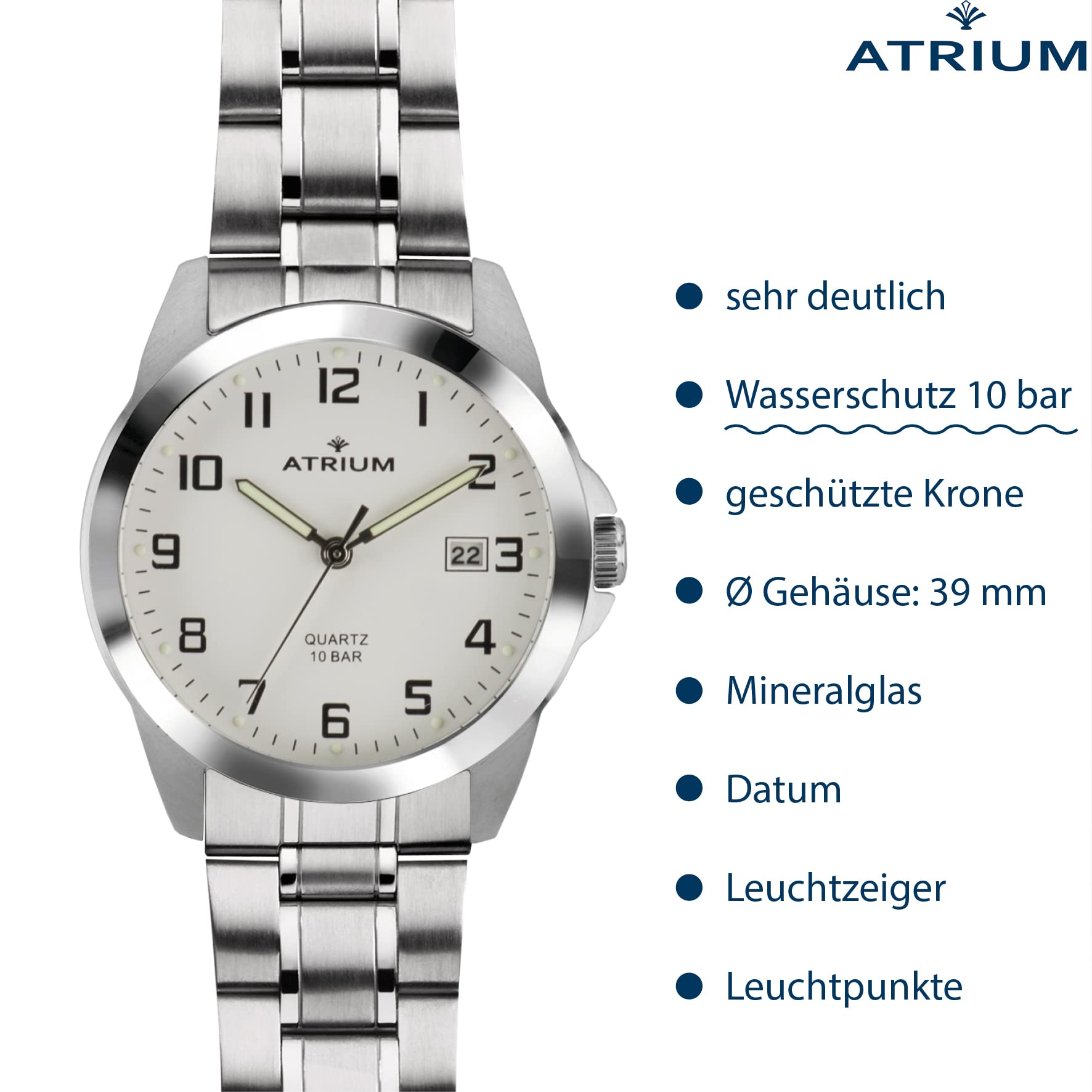 Atrium Herren-Armbanduhr sehr deutlich silberfarben Leuchtzeiger Datum Quarz 10 Bar Stahlband A16-30