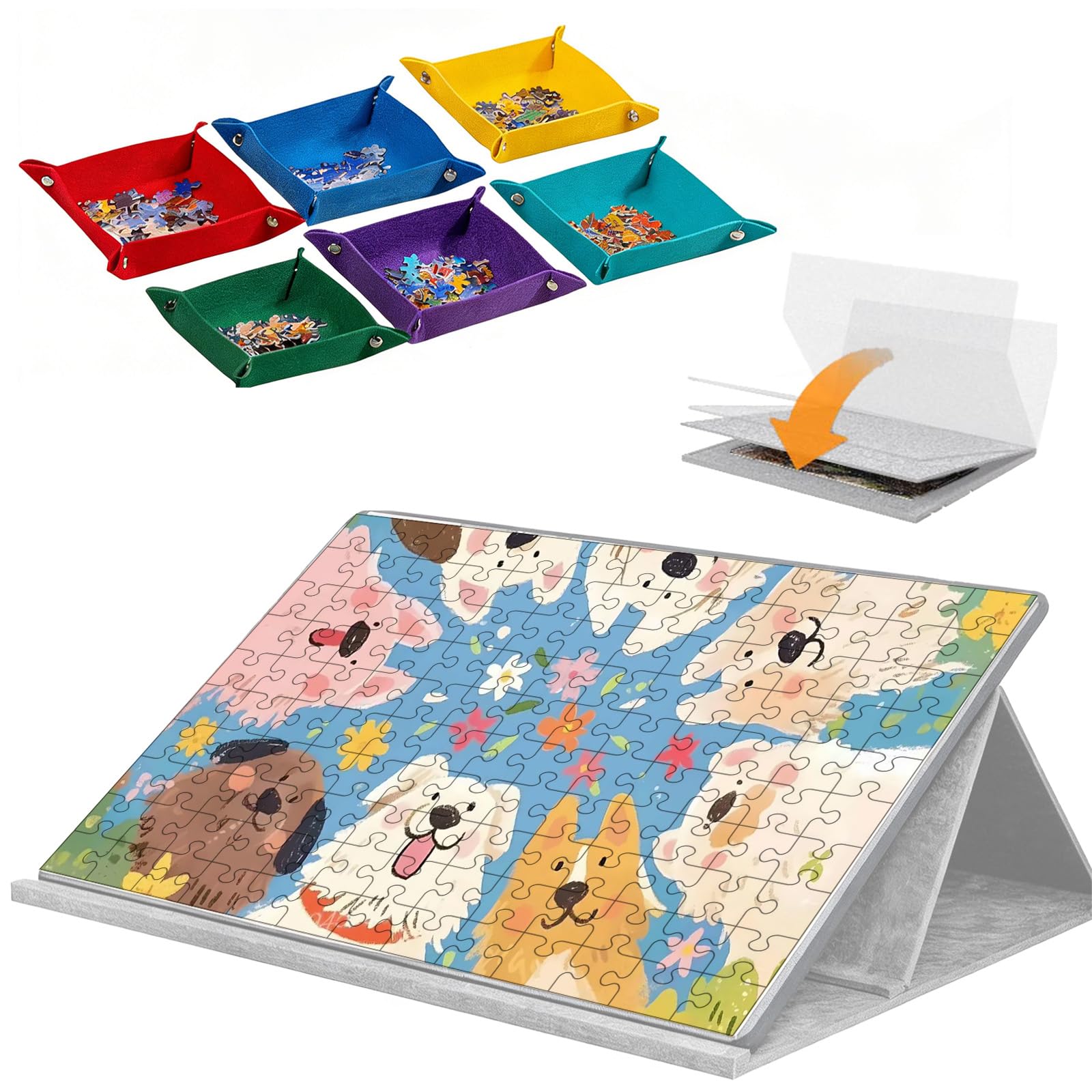 Mesa de puzle para 1000 piezas, con soporte 2 en 1 y cubierta, mesa de rompecabezas de fieltro superligera con 6 compartimentos de clasificación de colores, mesa portátil (gris claro)