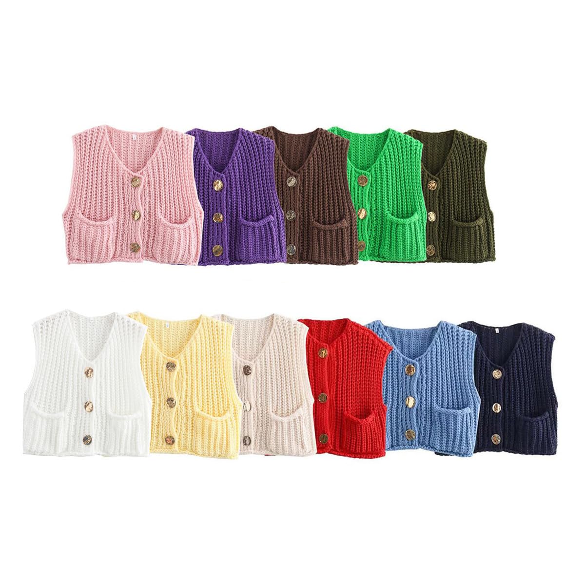 Womens Cardigan Maglione Vest Uncinetto Chunky Maglia Top Senza Maniche Pulsante Giù Crop Tops con Tasche
