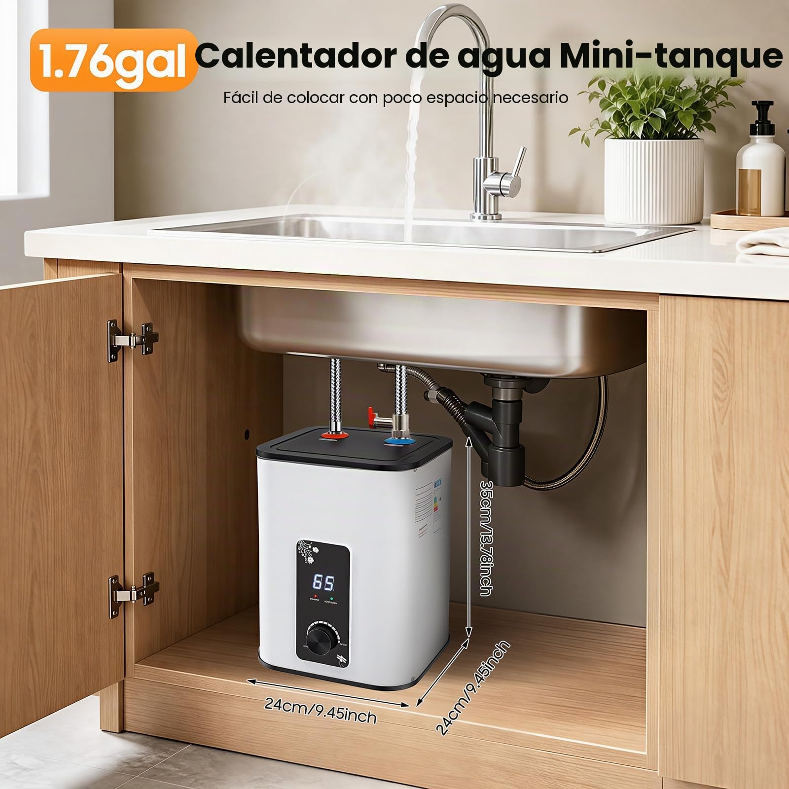 MINRS Calentador de agua caliente de 8 litros, para debajo de la mesa, 1500 W, pequeño depósito de agua caliente resistente a la presión con función de termostop, caldera bajo el escritorio, 0 – 65 ℃,