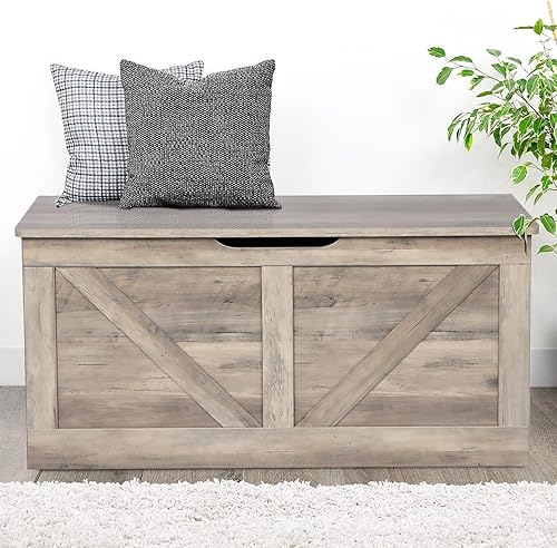 Miniatura 9 de Baúl de almacenamiento de 39.4 pulgadas, banco de almacenamiento de madera, baúl de almacenamiento grande con 2 bisagras de seguridad, banco de