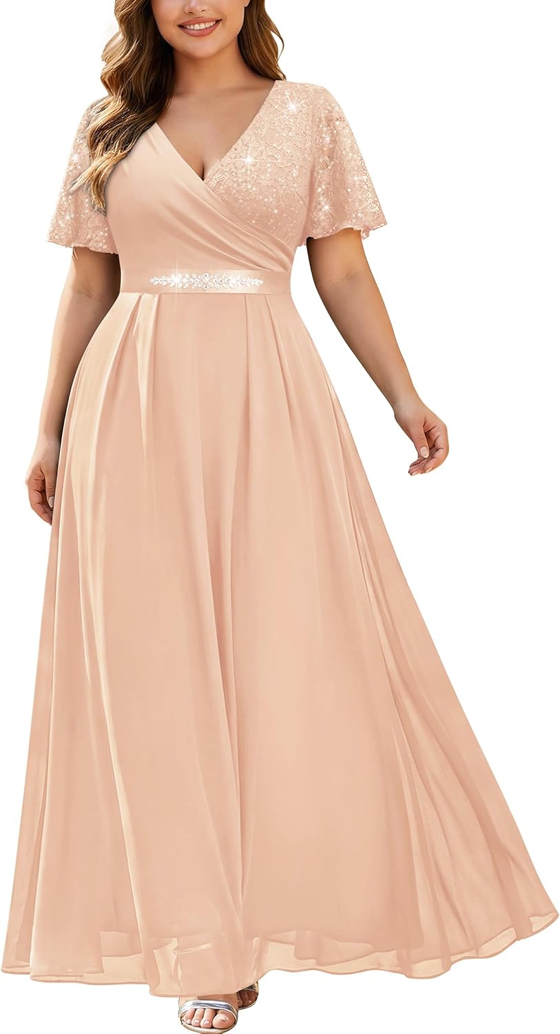 MISSMAY Women's Plus Size Wrap V Neck Sequins Lace Contrast Chiffon Formal Maxi Dress with Rhinestone Ribbon Waist