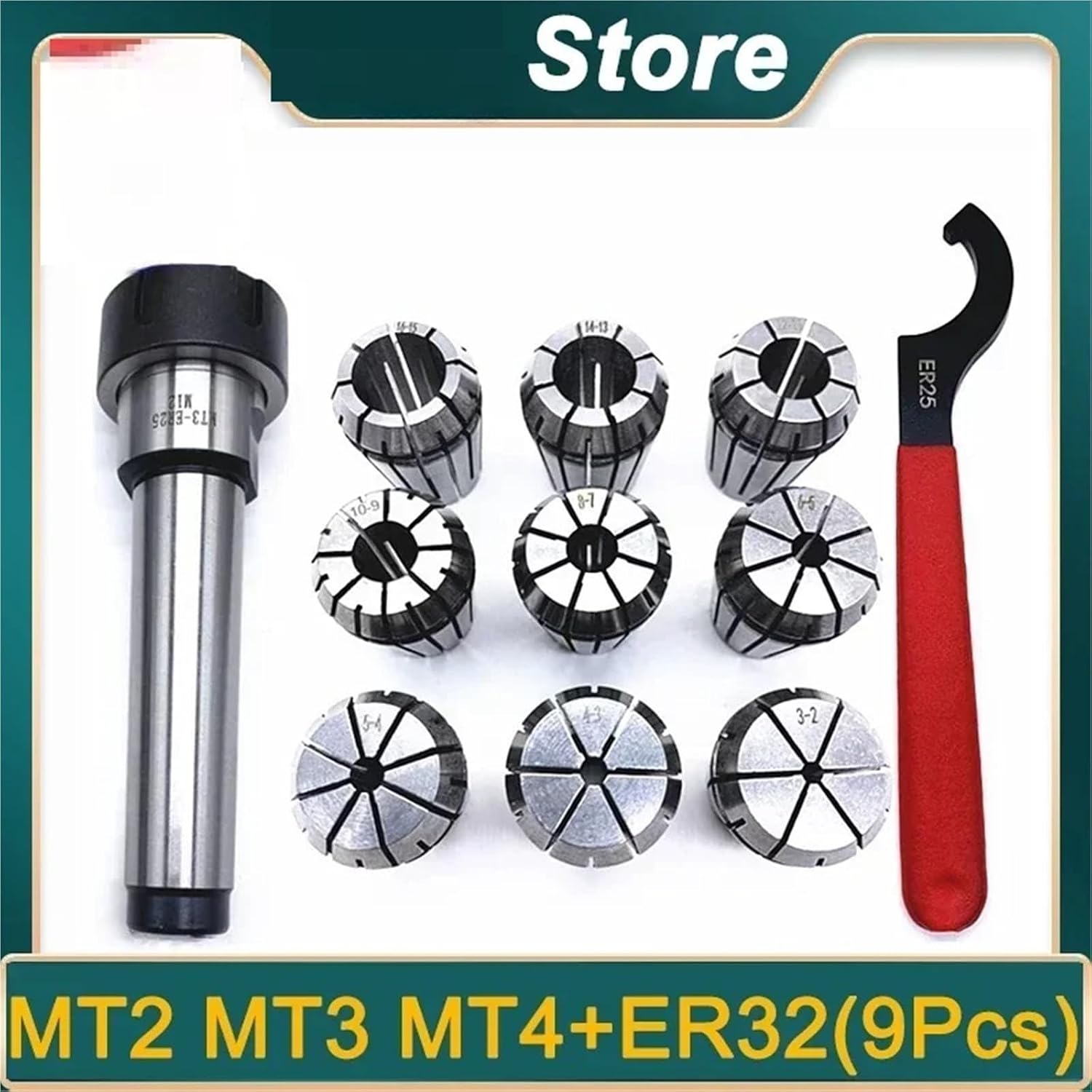 For CNC Engraving Machine Milling Lathe Tool Holder ER32 9pcs Set Spring Collet Chuck Set Milling MT Chuck MT2 MT3 MT4 ER32 Lathe Accessories(MTB3 ER32 (9Pcs))