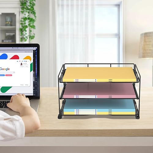 Miniatura 10 de Organizador de escritorio de malla, organizador de escritorio 3 en 1 con bandeja de 3 niveles y 5 secciones verticales, organizador de archivos para