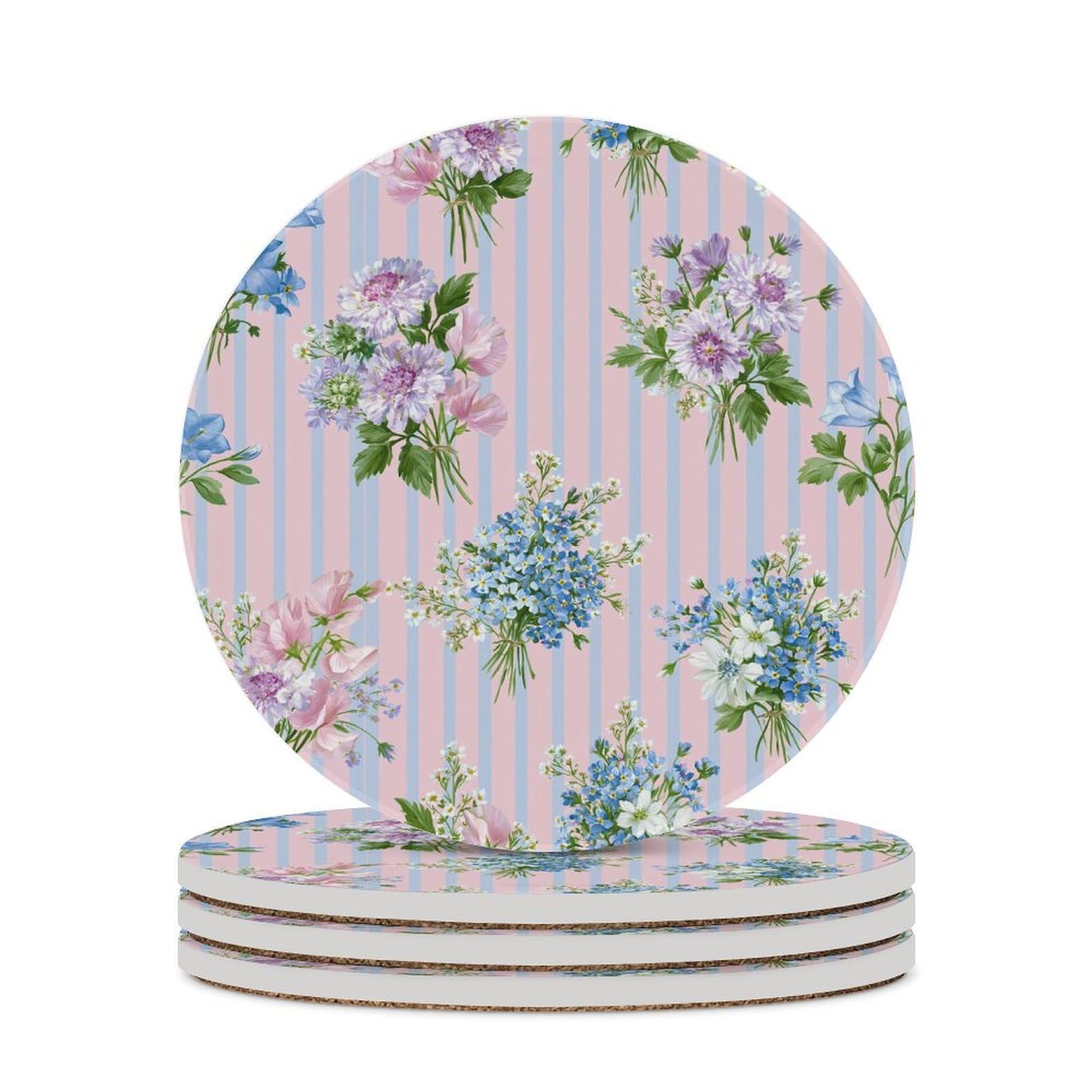 Watercolor Wildflower Bouquets Blue Stripes Coasters Set of 4 Absorbent Coasters