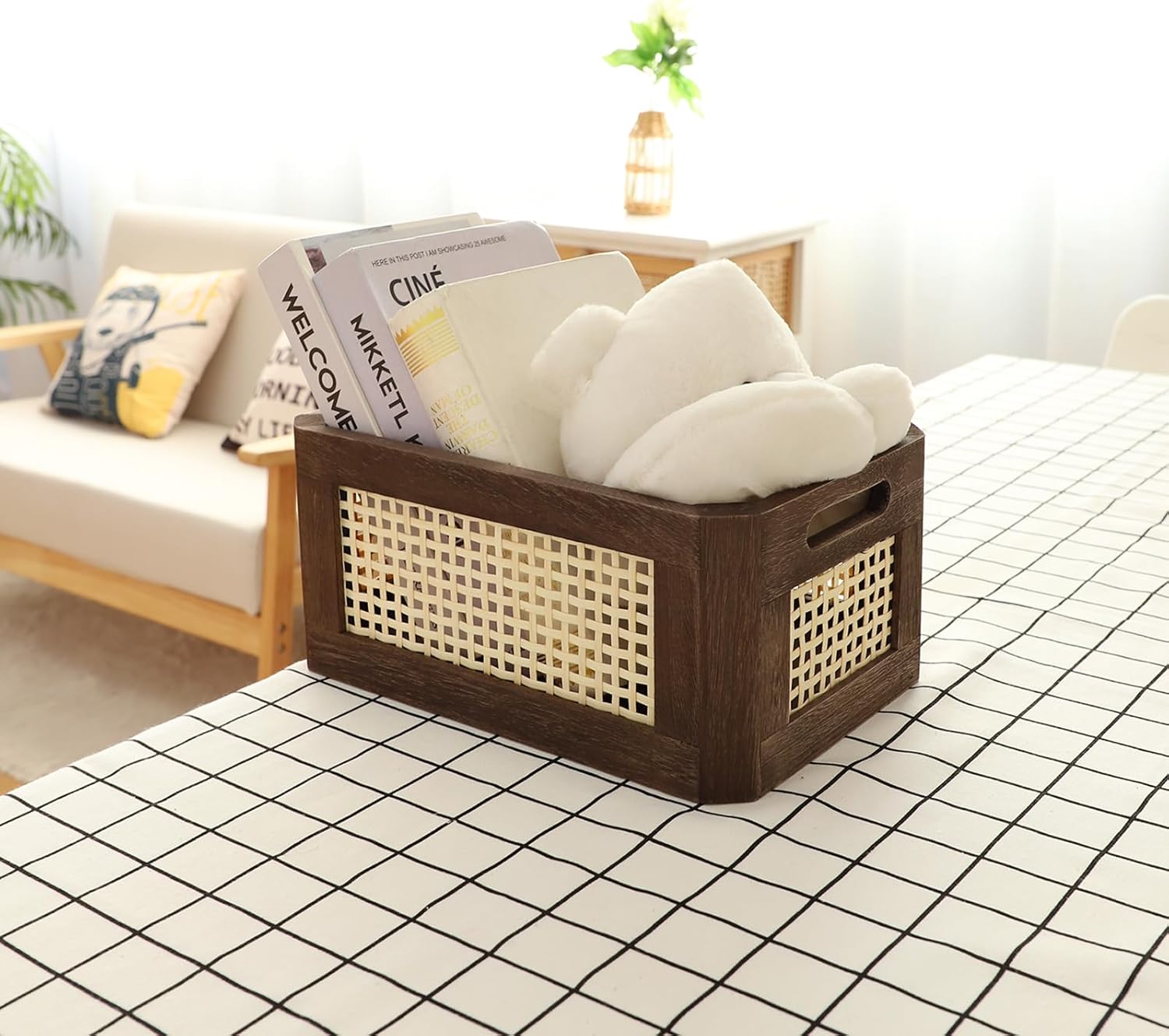 Elegant Handwoven Rectangular Rattan Storage Baskets, Portable For Cabinet Space Saving Designs, Wooden Crate (Brown-Set2)