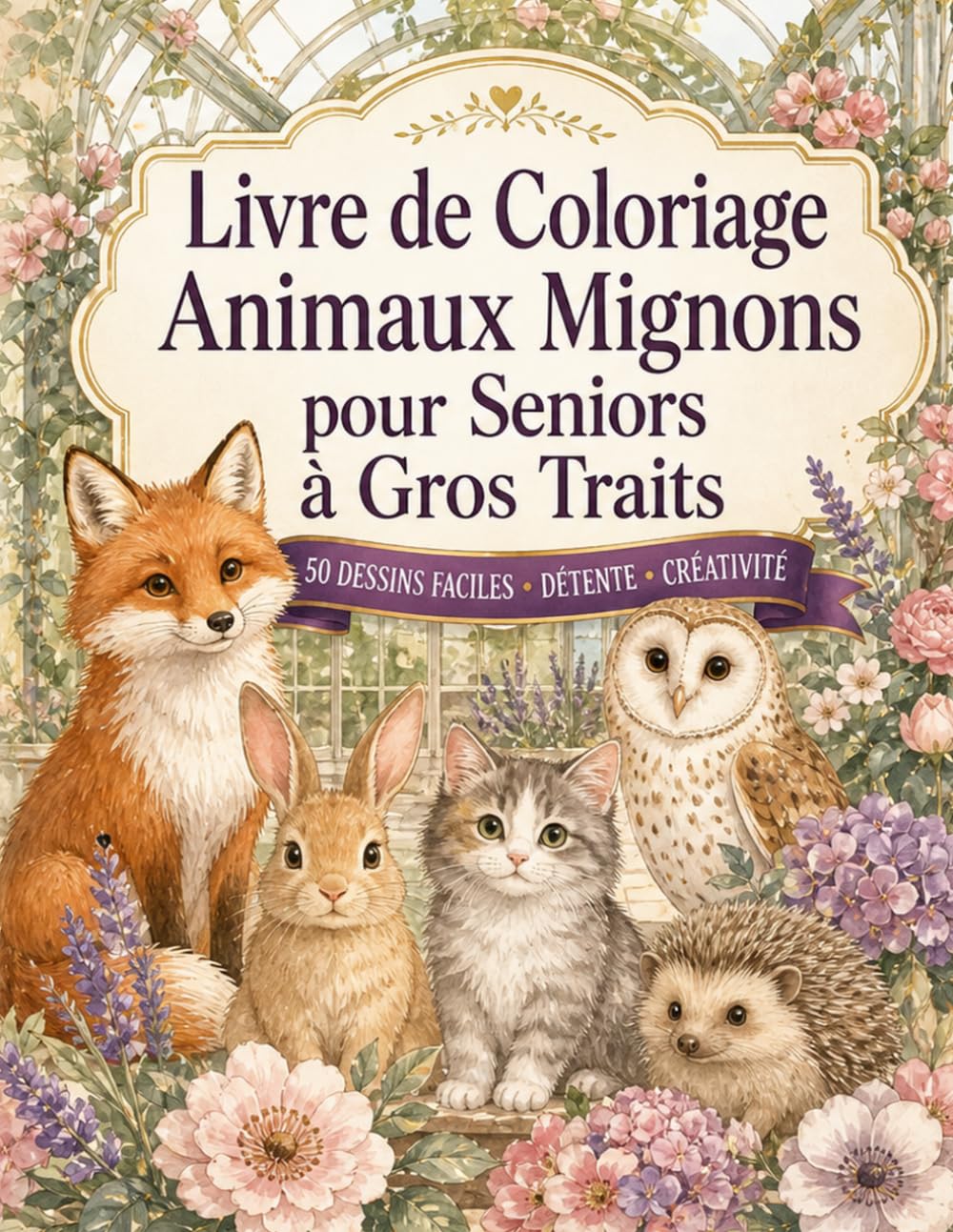 Livre de Coloriage Animaux Mignons pour Seniors à Gros Traits: 50 illustrations faciles aux contours épais pour détente et créativité