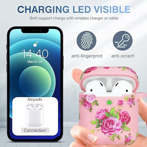 Miniatura 5 de LitoDream - Funda de silicona suave y flexible con llavero para cargador de Apple AirPods 2 y 1, para niñas (flores rosas y rojas)