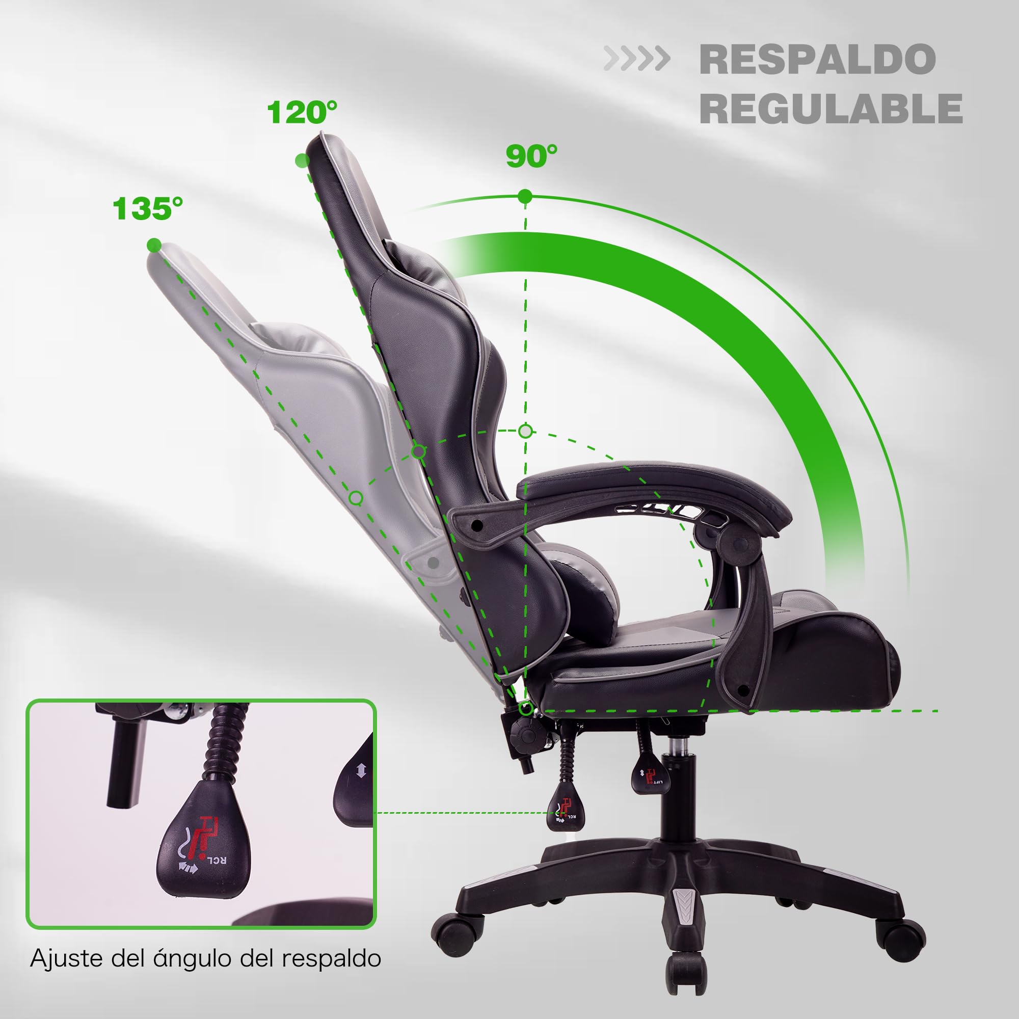 T-THREE. Silla ergonómica de respaldo alto para juegos, computadora, oficina y estudio, giratoria con soporte lumbar ajustable y reposacabezas, capacidad de 150 kg, ideal para