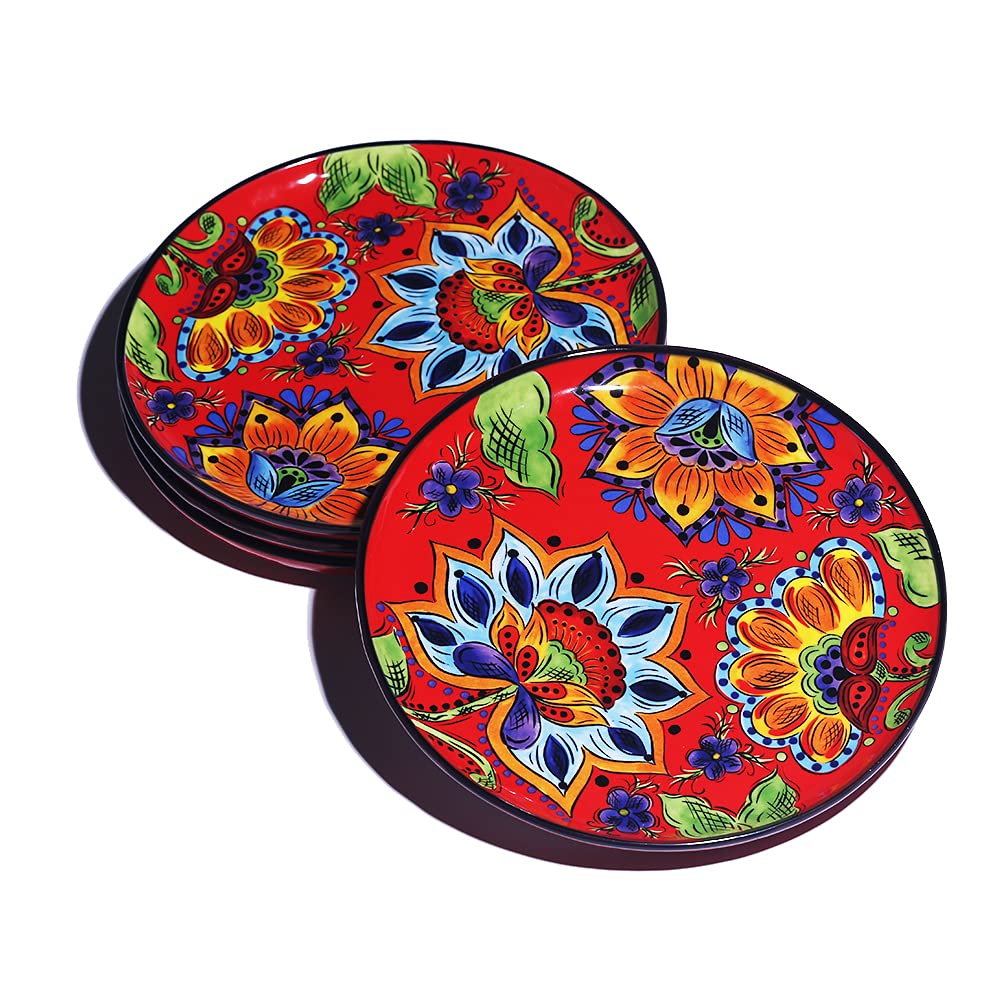 Red Floral Dishes Set for 4 Ranmeli Dinner Plates Kitchen Microwave Safe plates 8.8" Ceramic Dinnerw