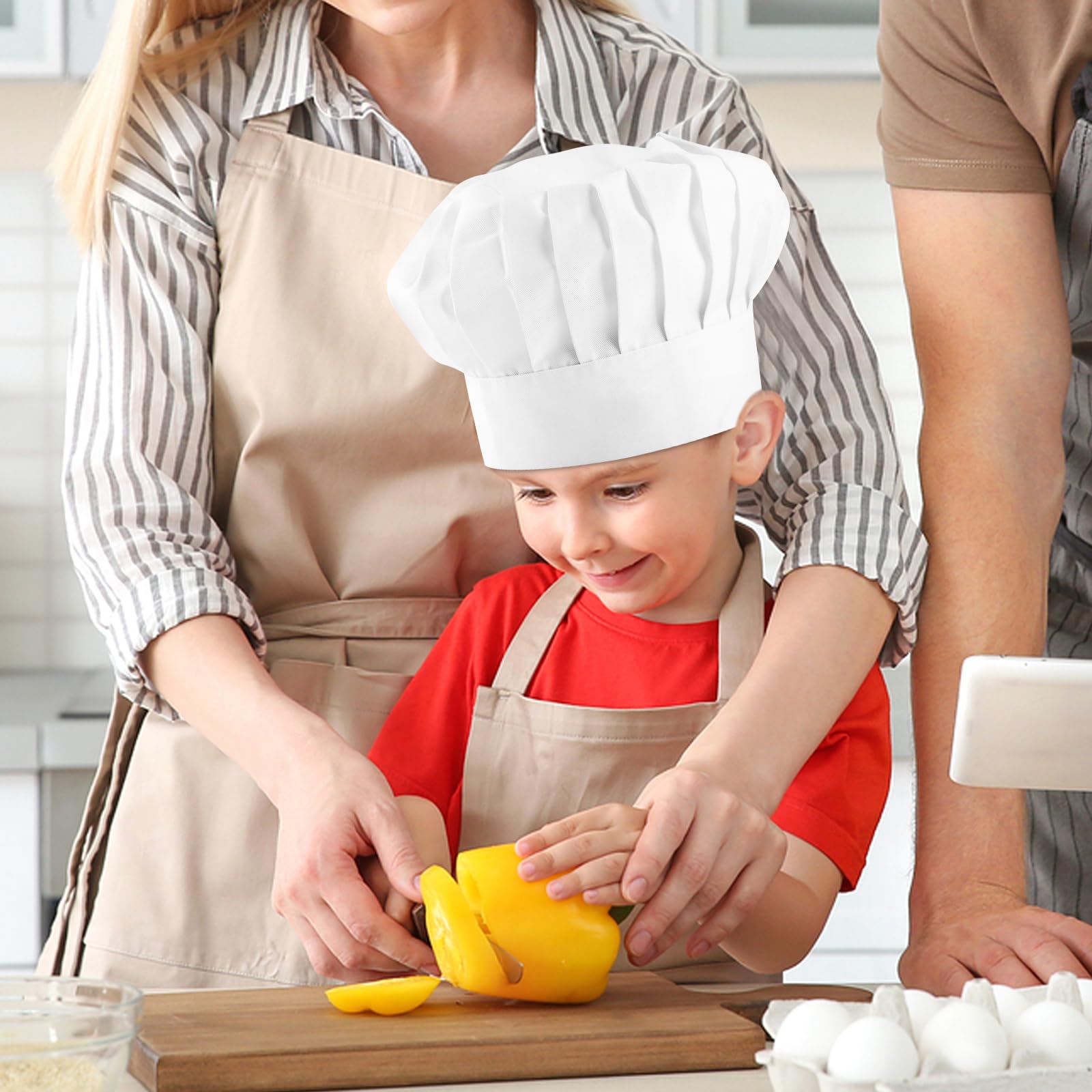 Toques de cuisinier pour enfants, lot de 3, blanches, coton élastique, réglables
