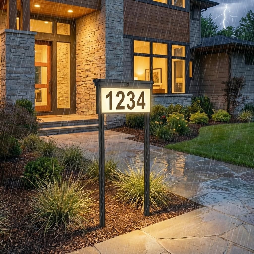2-Pack Solar Address Signs for Yard: 29" Double-Sided Lighted House Numbers, 12 Color Modes, Ideal for Driveway Entrance Symmetry, Waterproof LED Address Plaque, 8 Sets Numbers & 4 Sets Letters