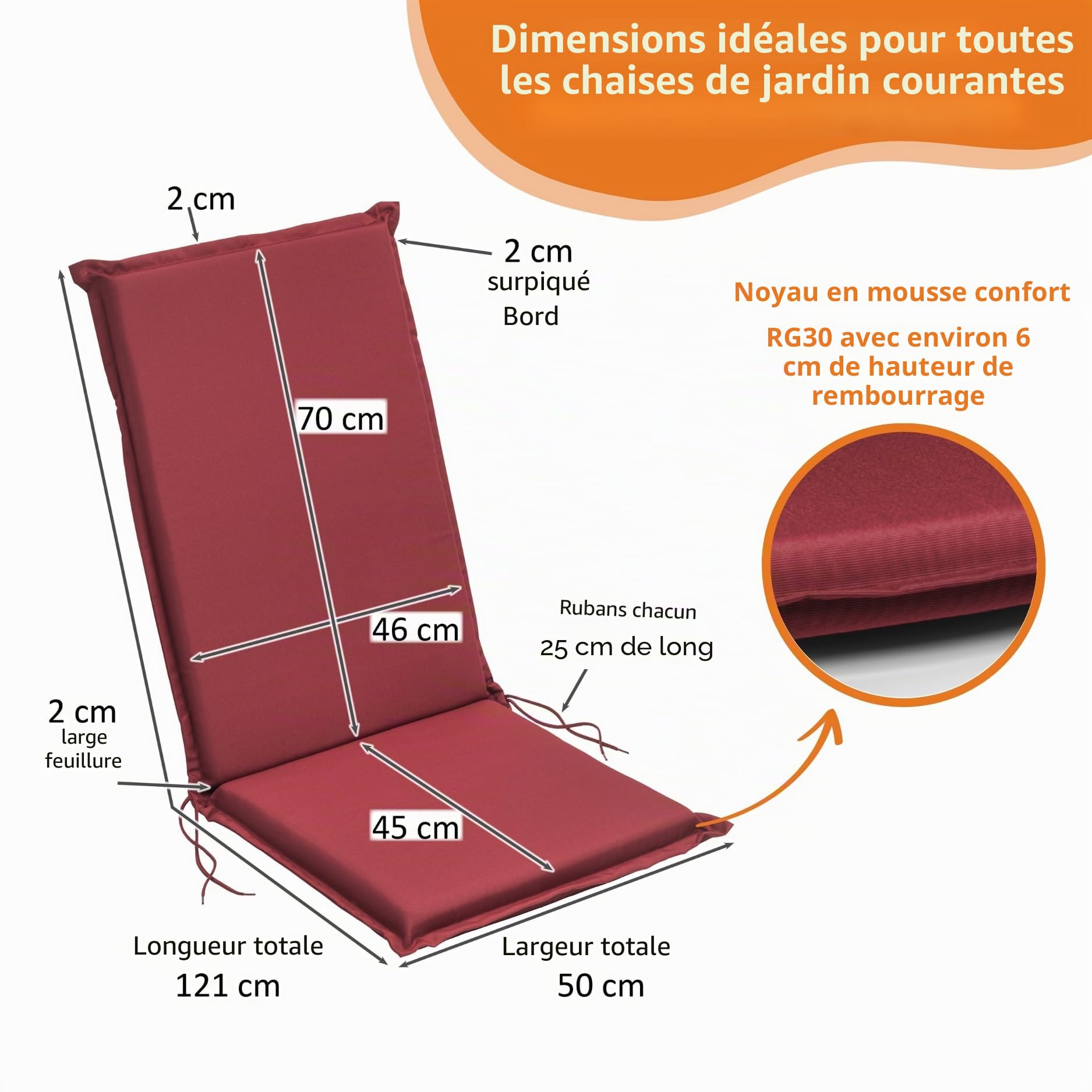 sleepling 193927 Lot de 2 Coussins d'extérieur pour Fauteuil à Dossier | Chaise de Jardin | Chaise de terrasse | Fabriqué en UE | Bande de réglage | Housse Amovible et Lavable, 120 x 50 x 6 cm, Rouge