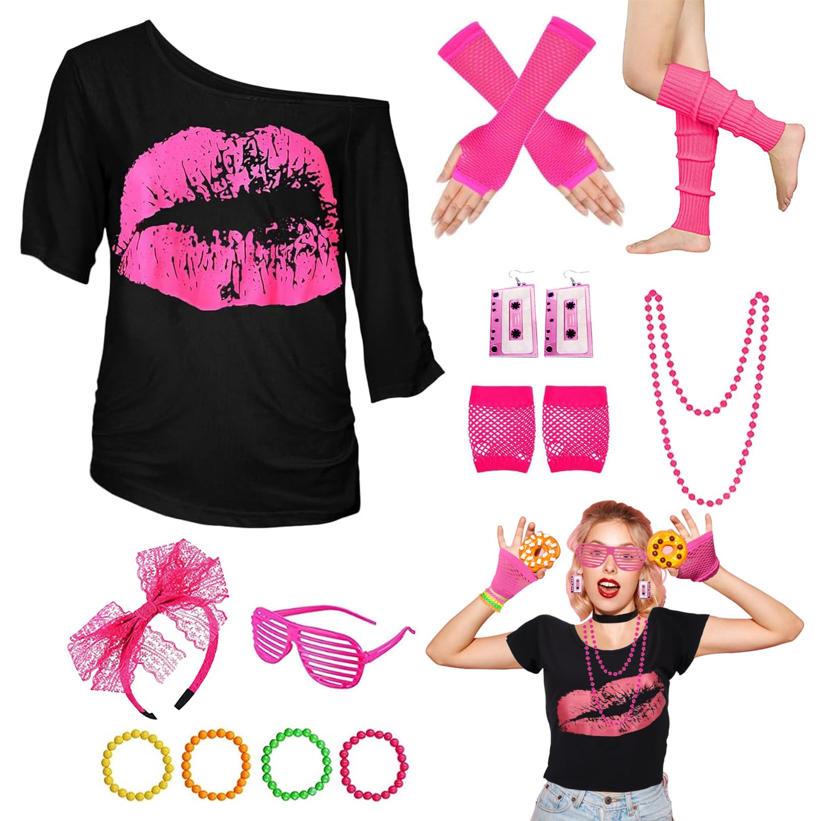 Arclhladin 80s outfits ladies set, 80s 90s costume outfits accessories with  t-shirt headband earring necklace mesh gloves neon glasses leg warmers for  80s carnival fancy dress costumes (2XL)  BigaMart