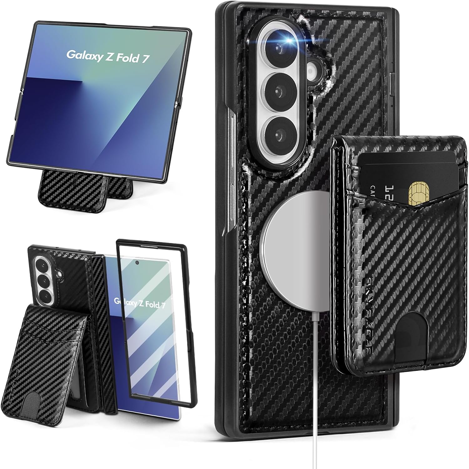 Compatible with Magsafe Detachable Magnetic Samsung Galaxy Z Fold 7 Phone Wallet Case with Card Holder | Built-in Screen Protector | Kickstand | RFID Blocking | PU Leather Cover |Carbon Black