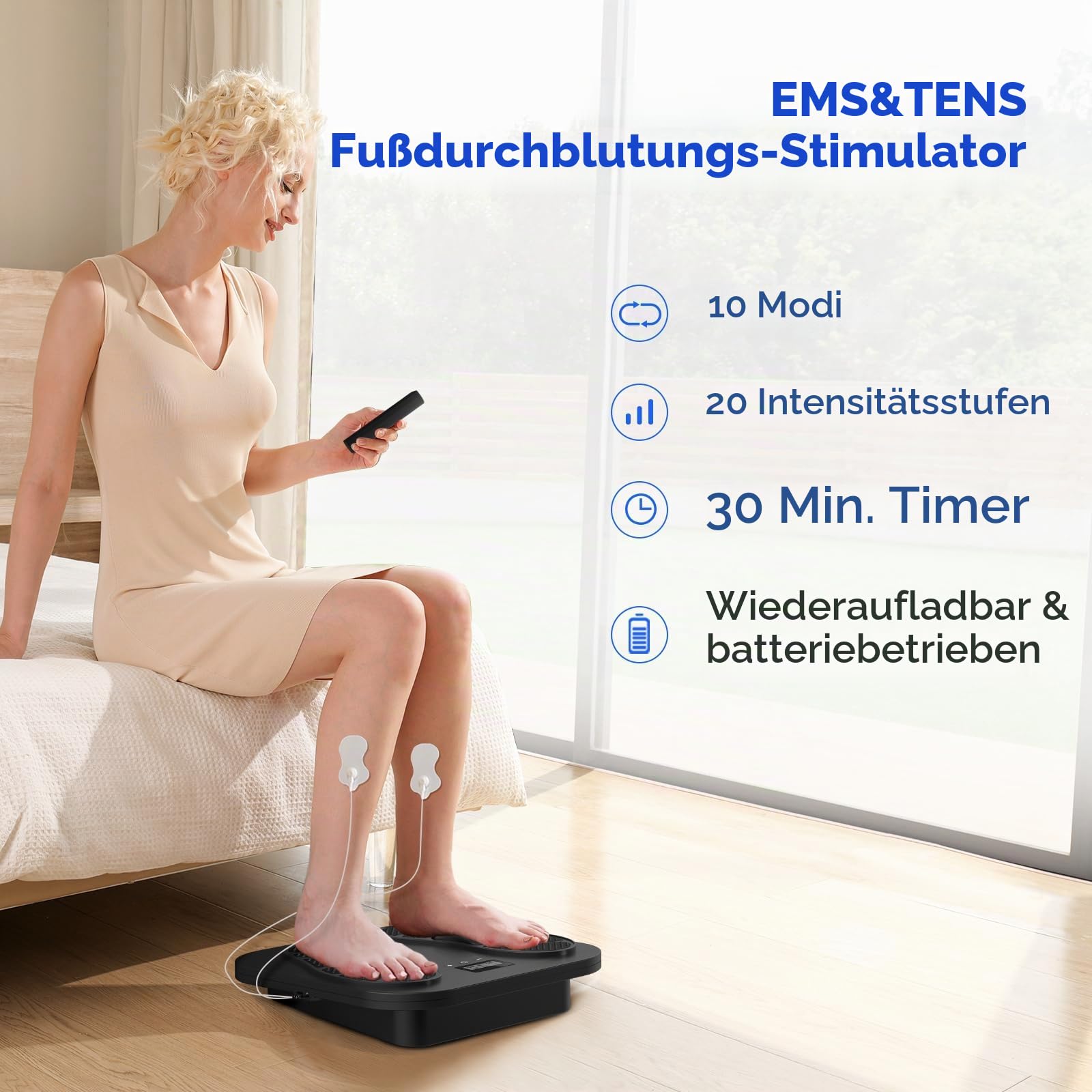Medic EMS & TENS Fußmassagegerät Elektrisch, Füße Durchblutungs-Stimulator mit 10 Modi und 20 Intensitätsstufen zur Verbessert die Durchblutung, Linderung von Schmerzen, Geschwollenen und Neuropathie