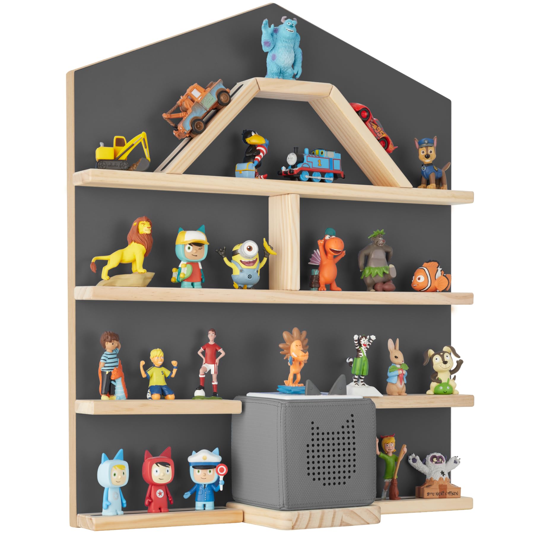 tectake® Floating Shelf for Tonies, 12 Wooden Wall Shelves with Magnetic Strips, Rounded Corners, Toy Storage Unit for up to 50 Tonies, Floating Shelves for Children's Bedroom & Playroom - Grey House