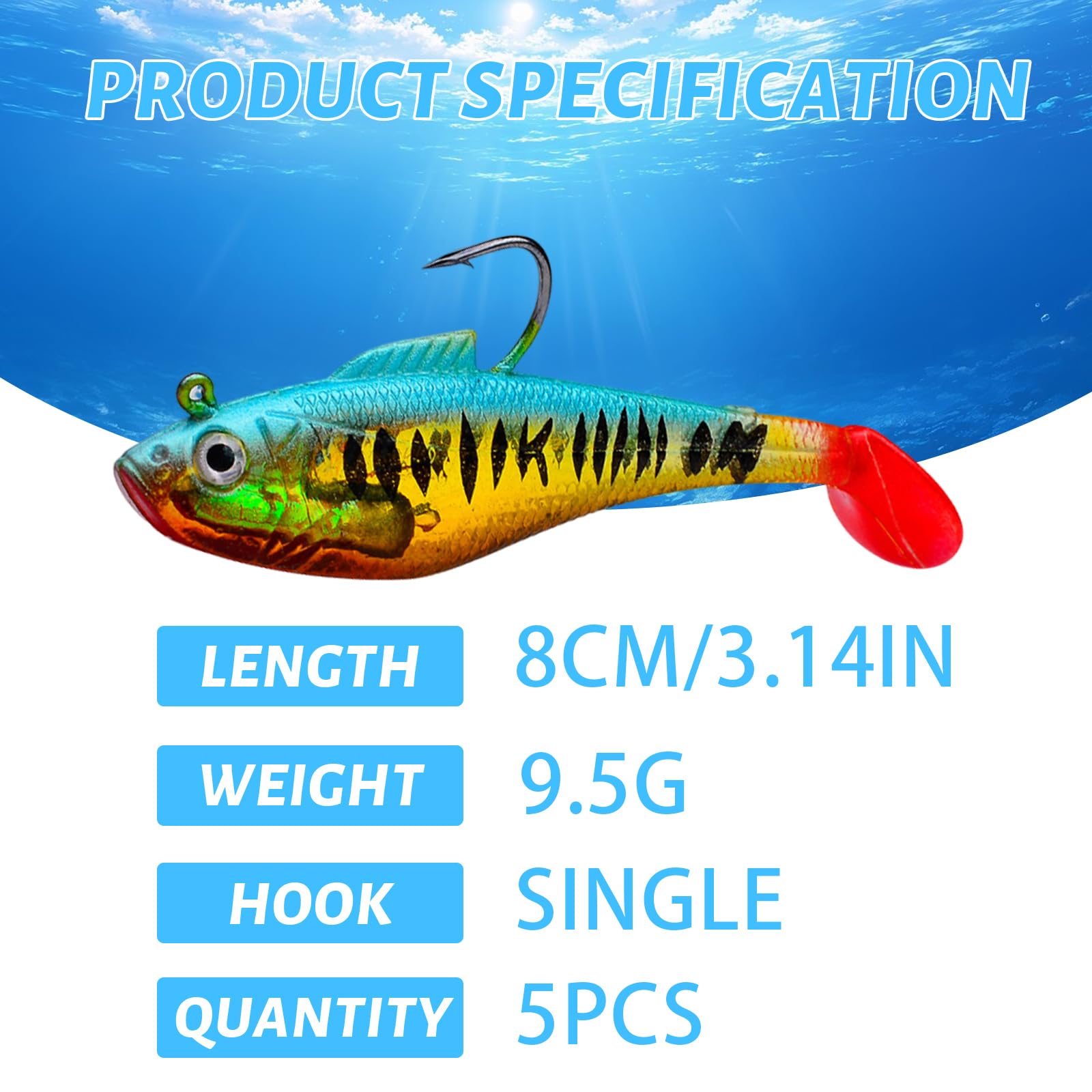 5 Esche Da Pesca Soft Bait In Silicone Con Ami Piombati, Modello Swimbait Realistico, Per Spigole, Lucci E Trote