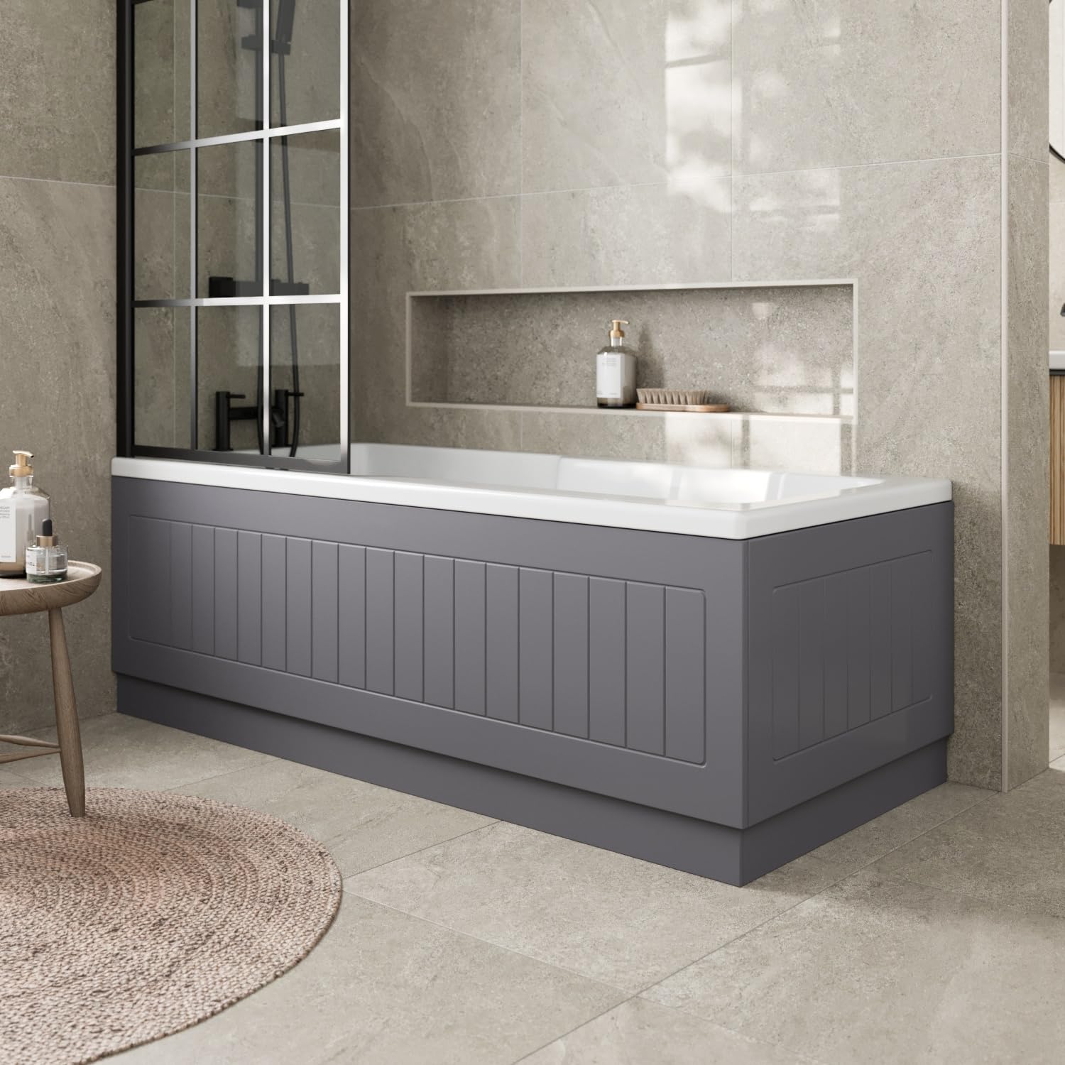 Affine® Tongue & Groove 1700 Side Front Panel & 700mm End MDF Bath Panel 15mm, Modern Wooden Panels for Bathroom Baths Soaking Tubs, Adjustable Plinth, Easy to Cut, Grey Gloss