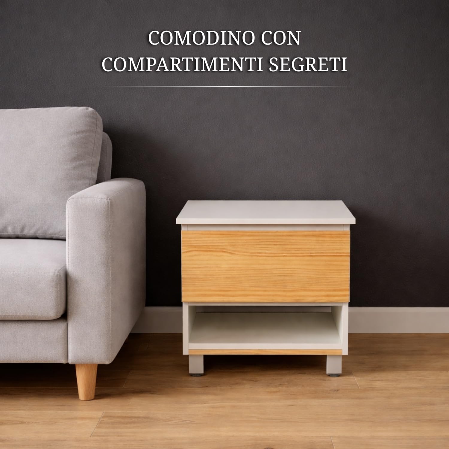 Comodino bianco compartimento segreto serratura NFC App camuffato cassaforte invisibile vano nascosto doppio fondo comodino occultato arredo antifurto mobile spia per soldi gioielli documenti chiavi