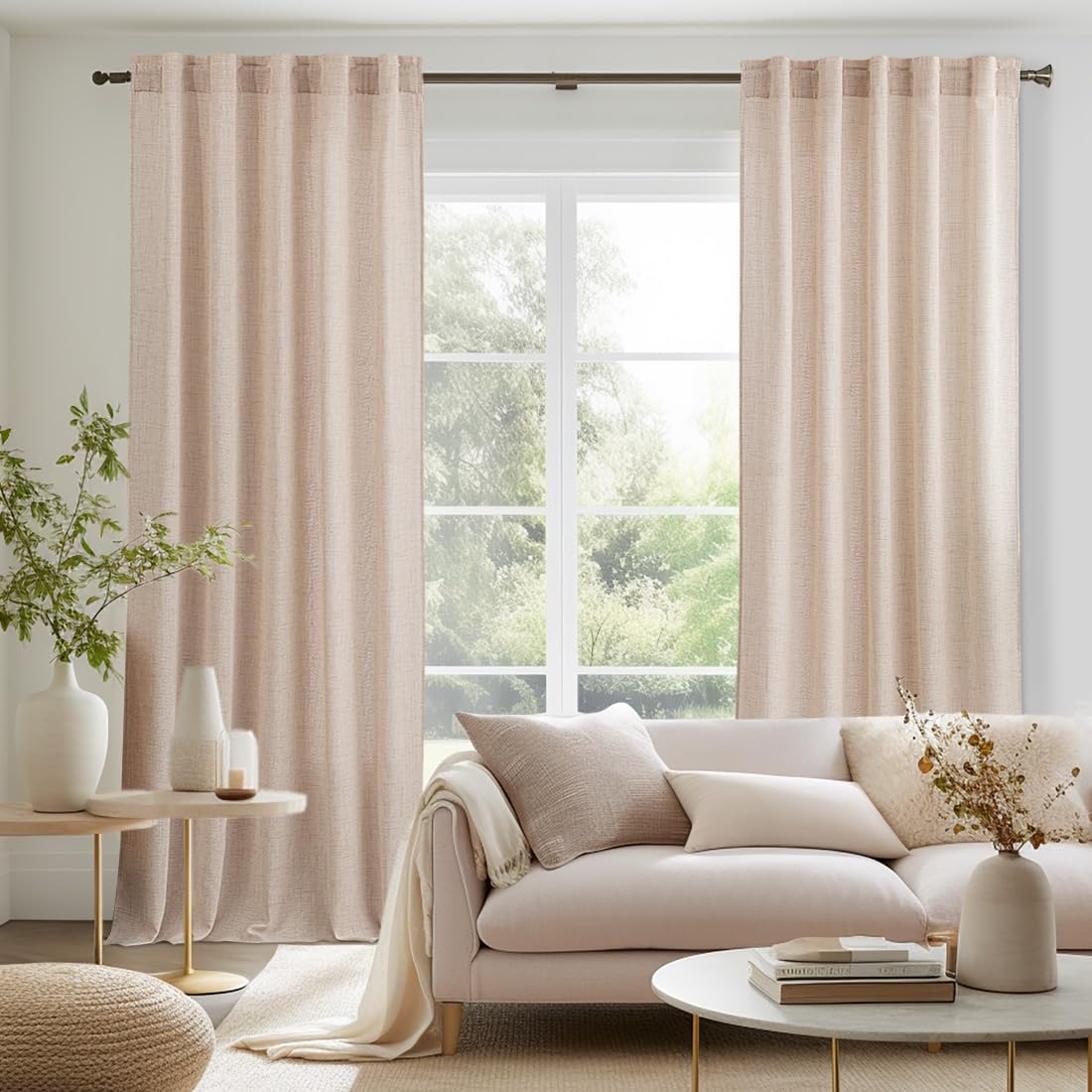 MIULEE Faux Linen Curtains 96 Inch Length 2 Panels Blush Beige Semi Sheer Curtains with Rod Pocket Back Tab, Light Filtering Window Privacy Burlap Drapes for Farmhouse/Living Room/Bedroom