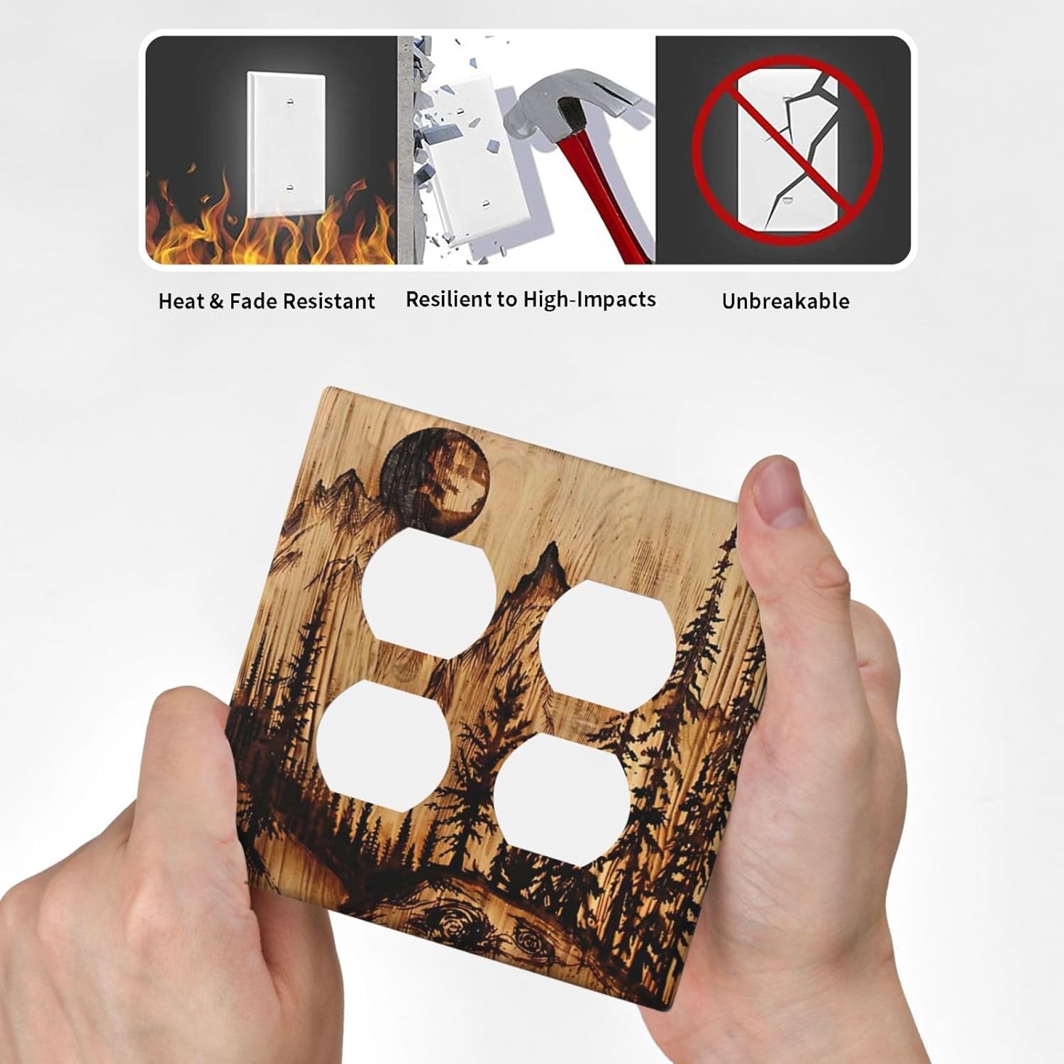 Decorative Outlet Covers with Brown Wooden Board Carved with Mountain Forest Landscape 2 Gang Wall Plate Double Duplex Light Switch Cover Switch Plate Cover for Farmhouse Decor
