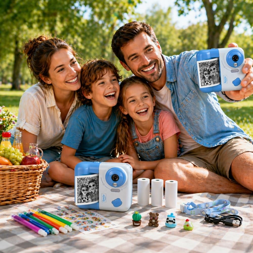 Cámara infantil de impresión instantánea, 48 MP, vídeo de 1080p, pantalla de 2,4 pulgadas, azul, con juegos y reproductor de audio, 3 rodillos incluidos