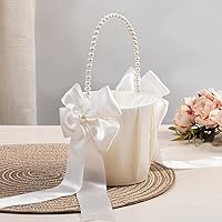 Vista 4 de Cestas de niña de flores para boda, cesta de flores marfil con mango de perlas, juego de 2 cestas de boda para niñas de flores